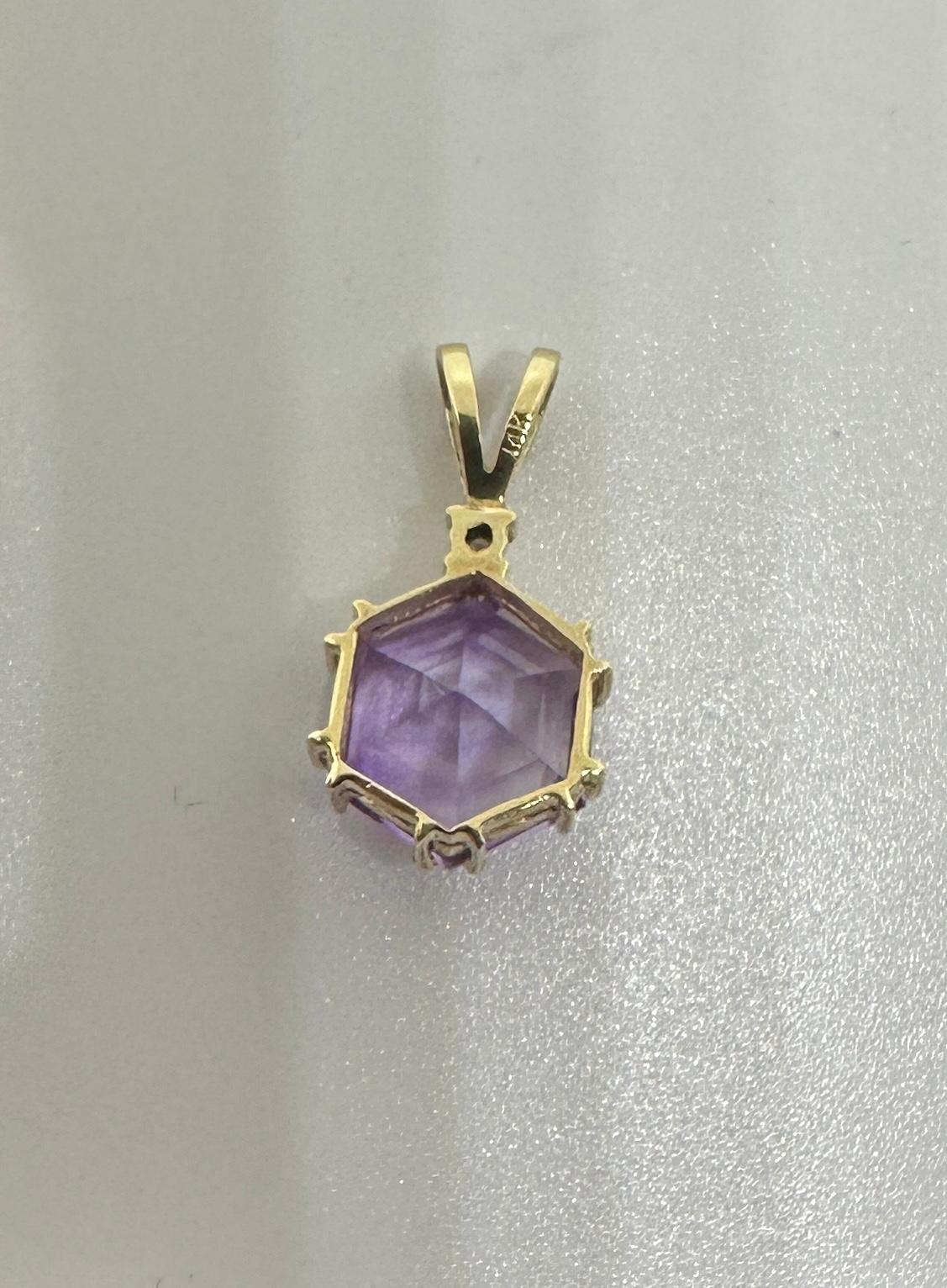Hexagonal Amethyst Diamond Lavaliere Pendant Necklace Antique 14 Karat Gold For Sale 3