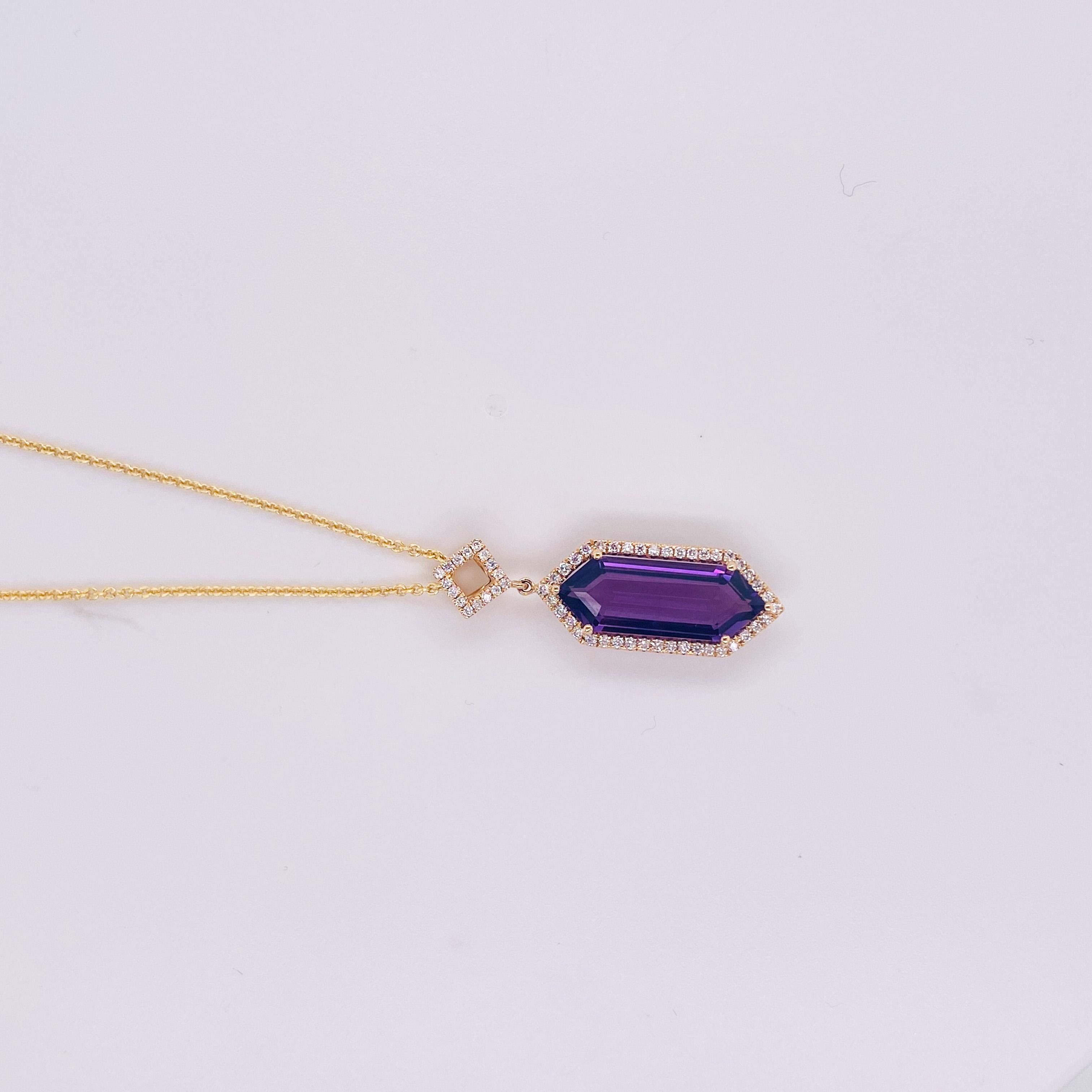 Hexagonal is an unusual shape for a gemstone but this amethyst will definitely delight anyone’s taste for unique. The lovely amethyst was cut by an American gemstone artist and was selected for this pendant creation. The pendant hangs from an 18