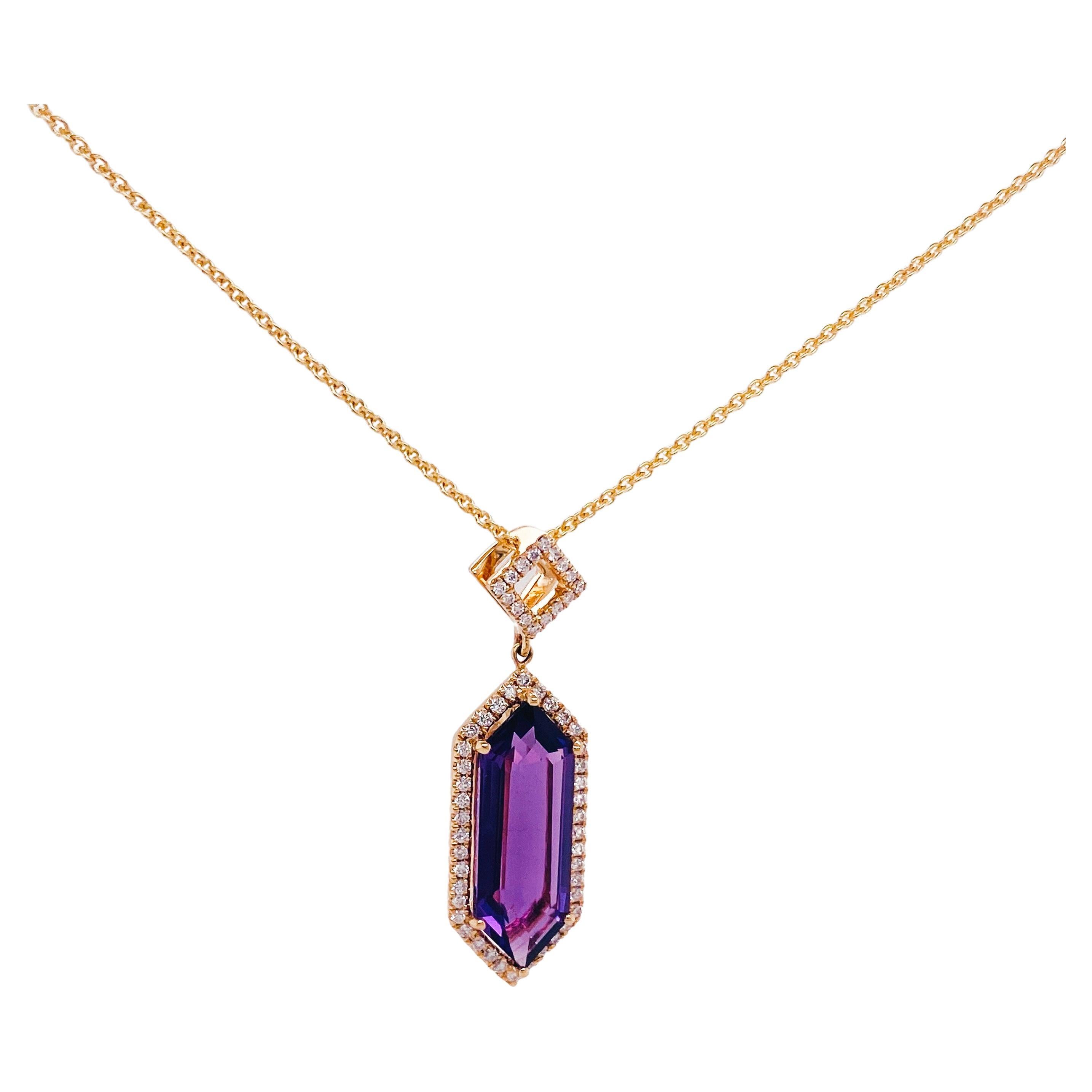 Hexagonal Amethyst Pendant with Diamond Halo 3.75 Carat and Chain in 14k Gold For Sale