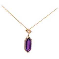 Hexagonal Amethyst Pendant with Diamond Halo 3.75 Carat and Chain in 14k Gold