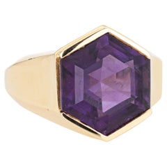 Hexagonal Amethyst Ring Vintage 14k Yellow Gold Sz 7 Estate Fine Jewelry