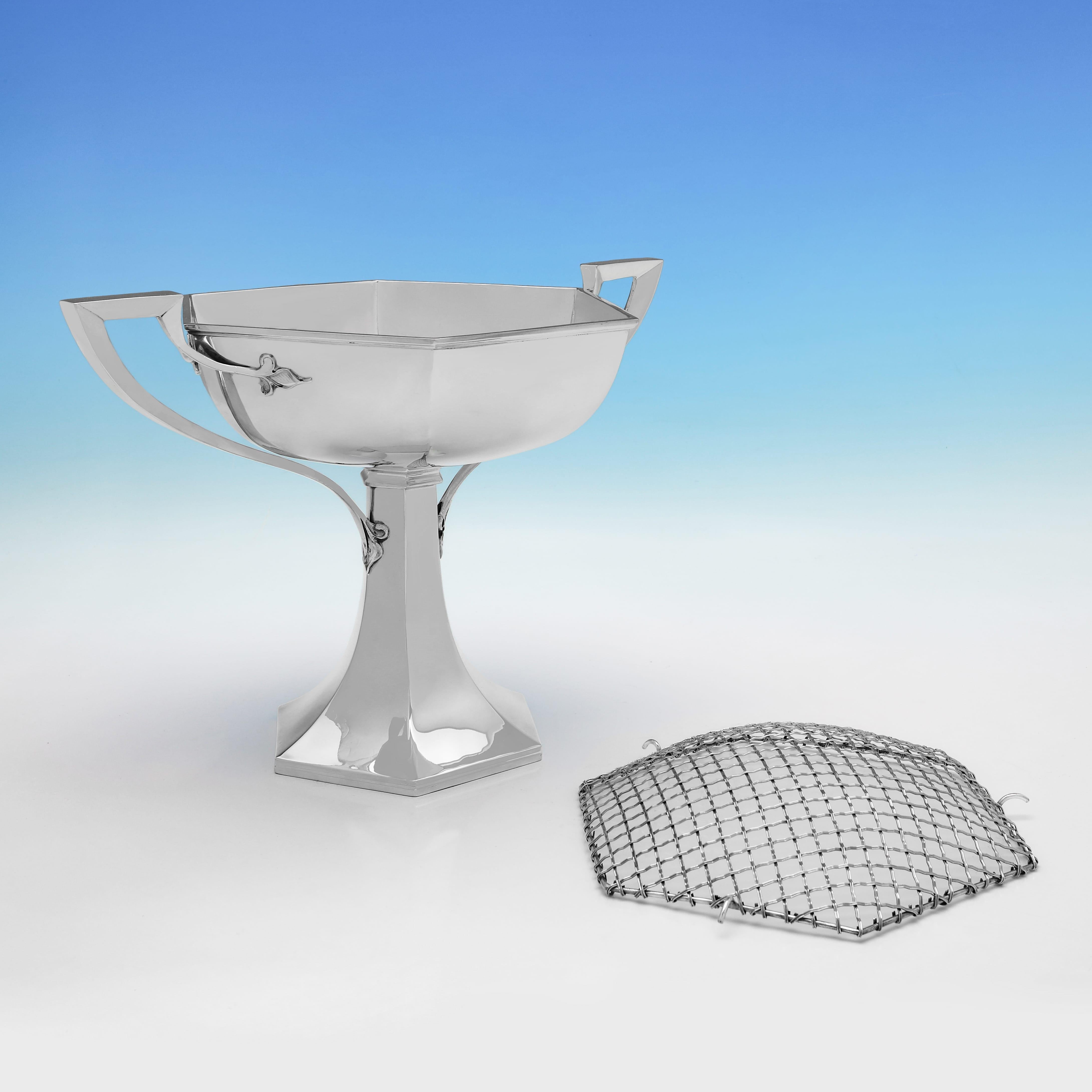 Art Deco Hexagonal antique sterling silver rose bowl made by Walker & Hall in 1913