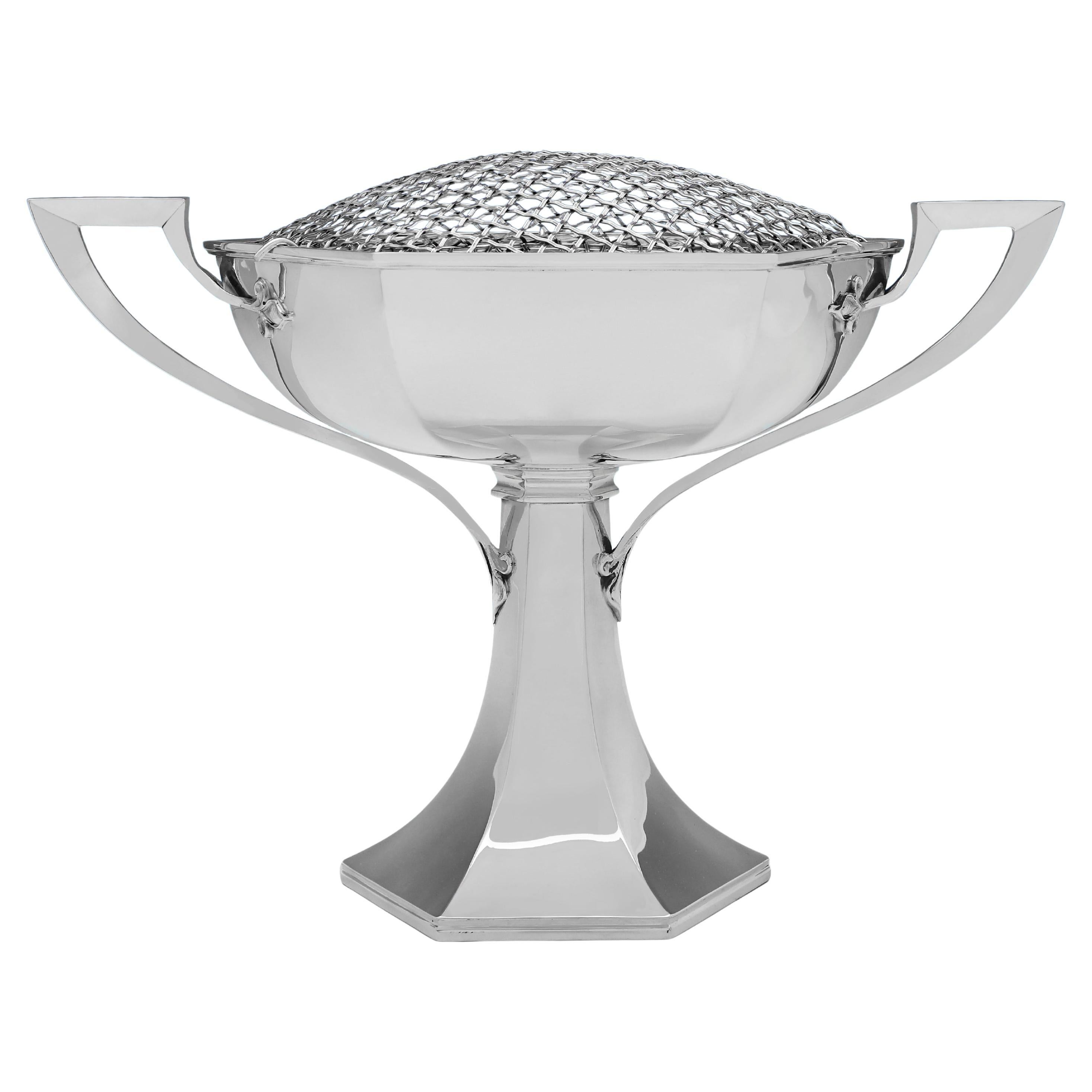 Hexagonal antique sterling silver rose bowl made by Walker & Hall in 1913
