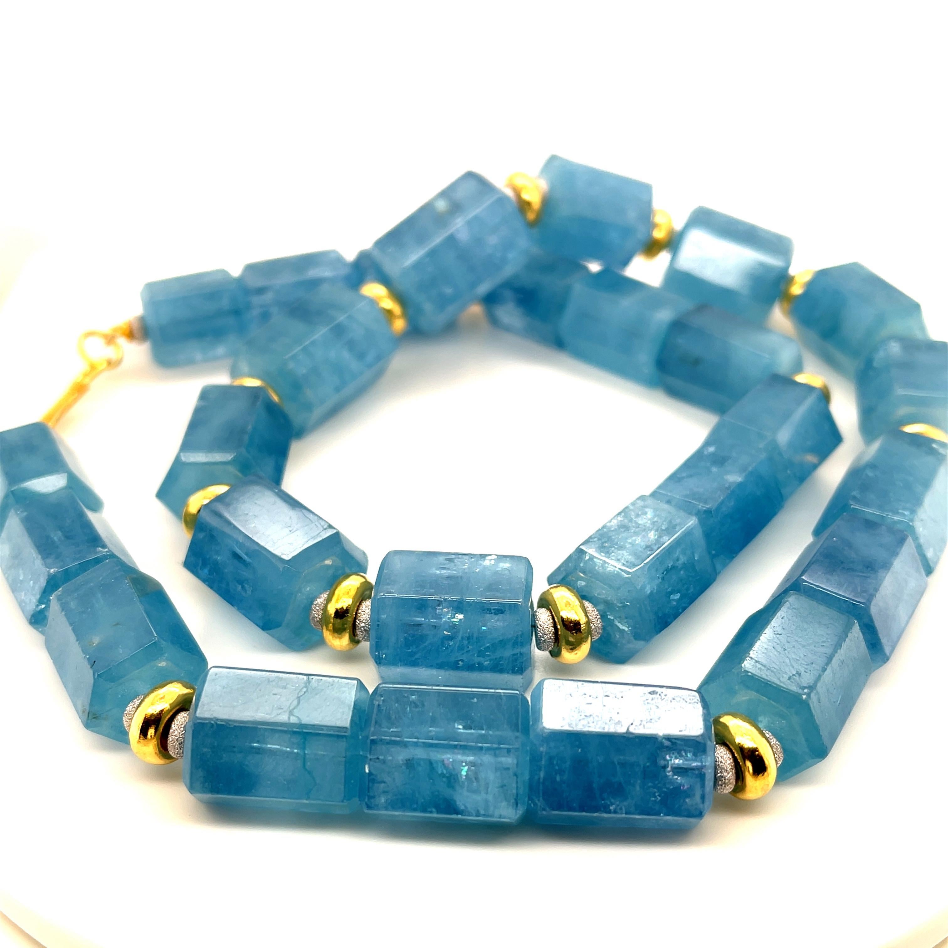 Artisan Hexagonal Aquamarine Beaded Necklace with 18k Gold Accents, 850 Carats Total For Sale