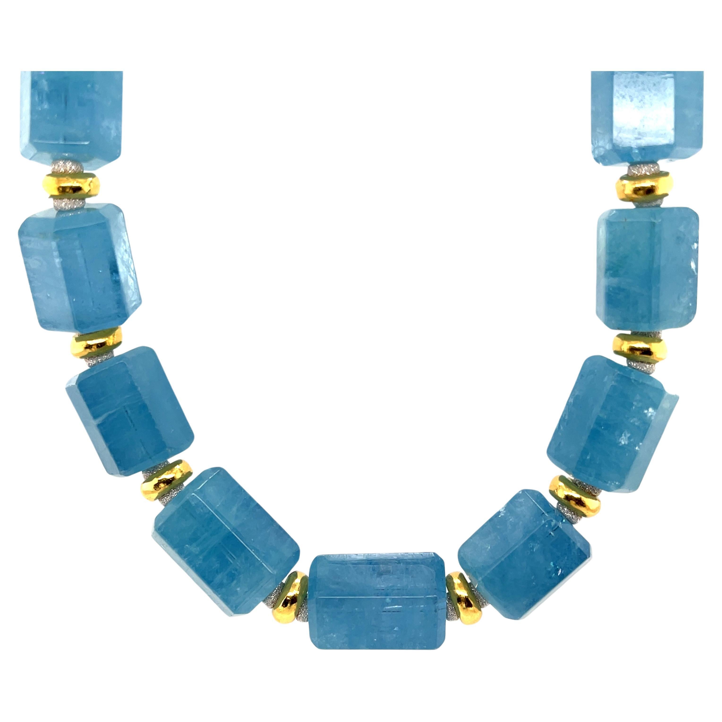 Hexagonal Aquamarine Beaded Necklace with 18k Gold Accents, 850 Carats Total