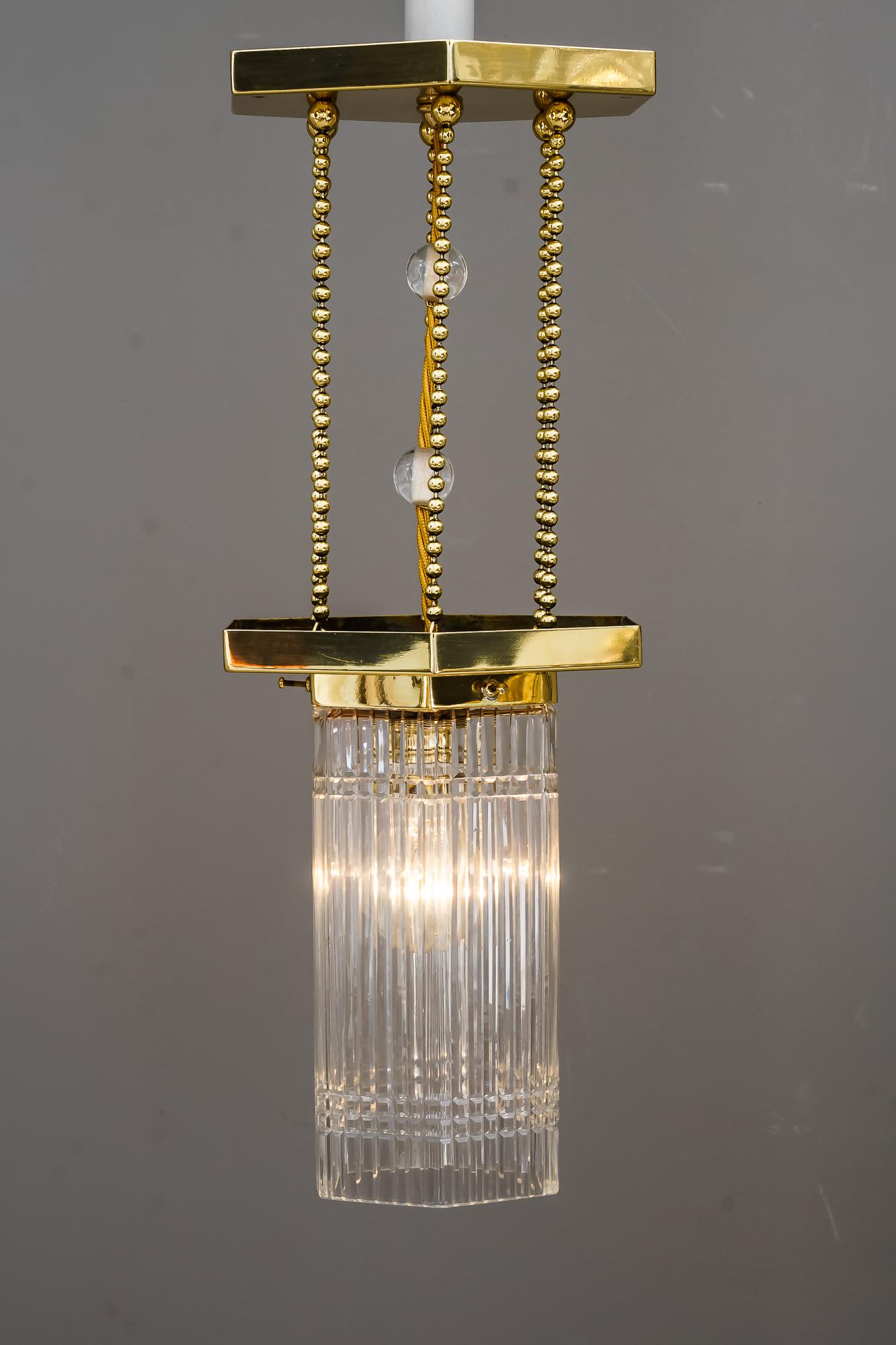 Brass Hexagonal Art Deco Pendant with Original Glass Shade, Around 1920s For Sale