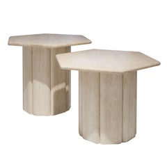 Hexagonal Beige Travertine Marble Italian Pair of Side Tables, Italy, 1970