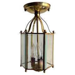 Hexagonal Beveled Glass Brass Lantern, Flush Mount
