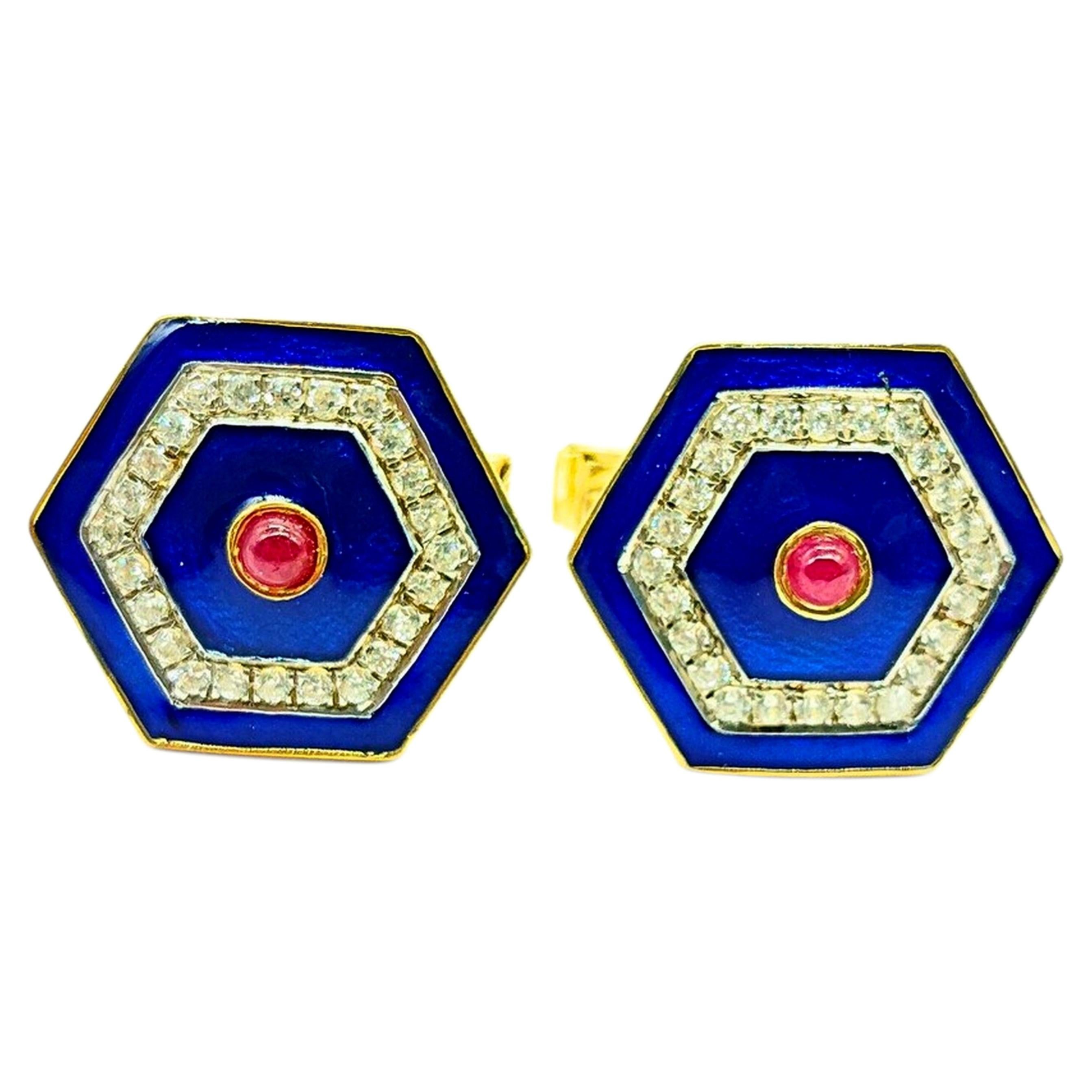 Hexagonal Blue Enamel Diamond Ruby Antique Style … - image 1