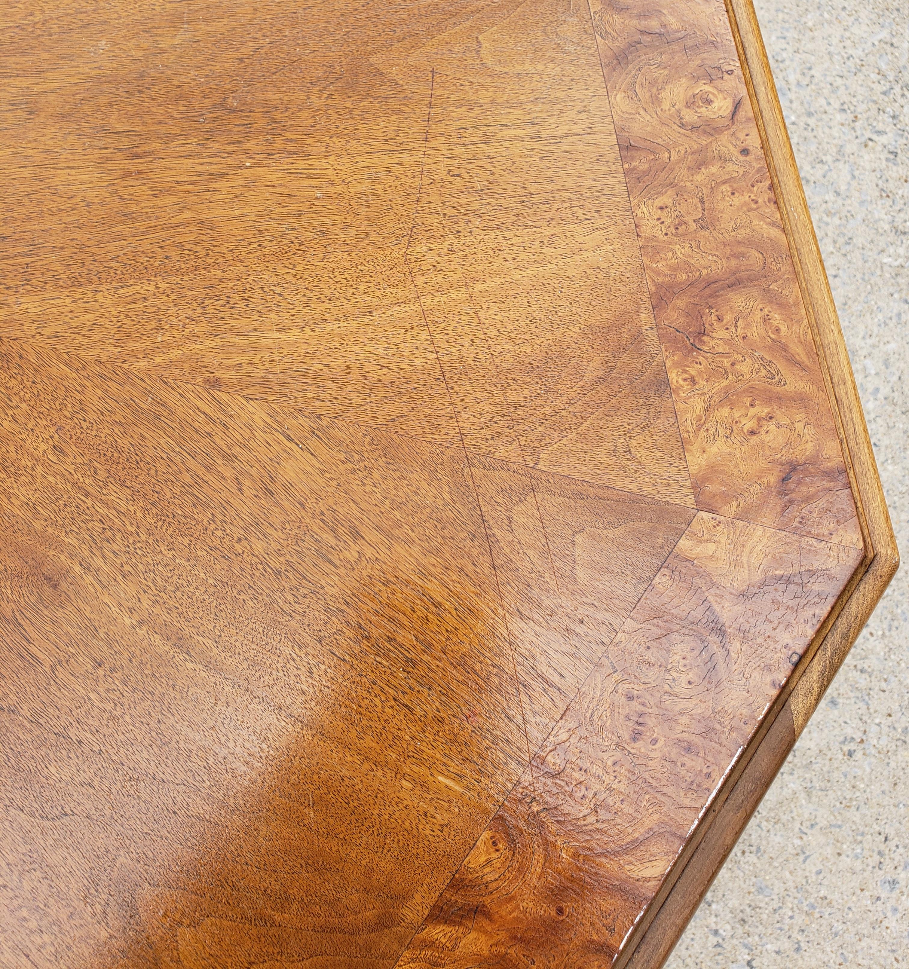 Mid-Century Modern Hexagonal Burl Bookmatched Walnut and Oak Dining Table, Center Table