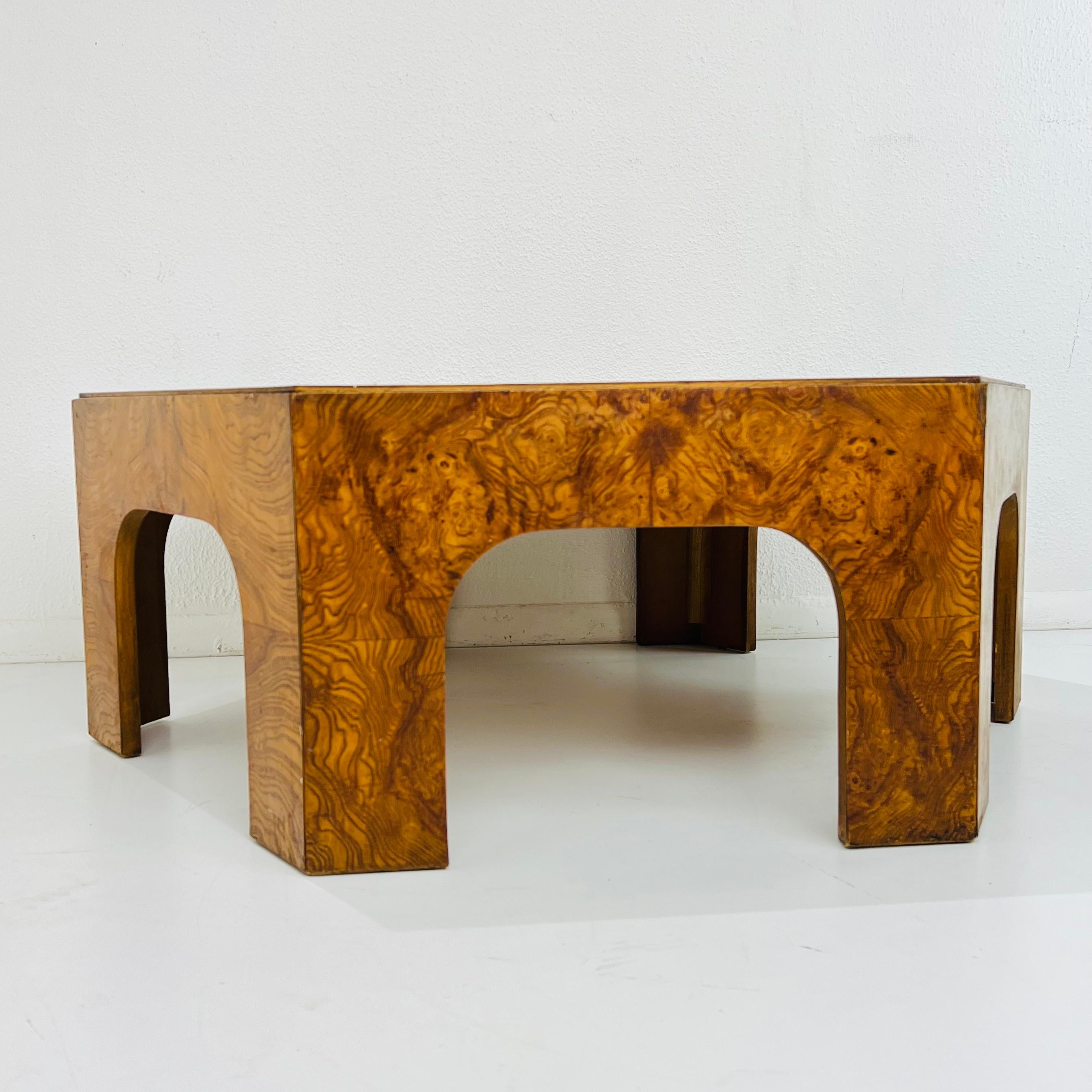 Handsome hexagonal wood coffee table designed by Milo Baughman for Lane. Vintage burled veneer with 6 cut legs. A unique and versatile size - hard to find!
Shows age related wear including chipping/damage to veneer at edges and
