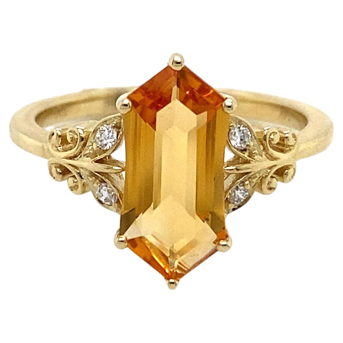Hexagonal Citrine Ring with Diamonds and 6 Sides 2.15 Carat Total Weight