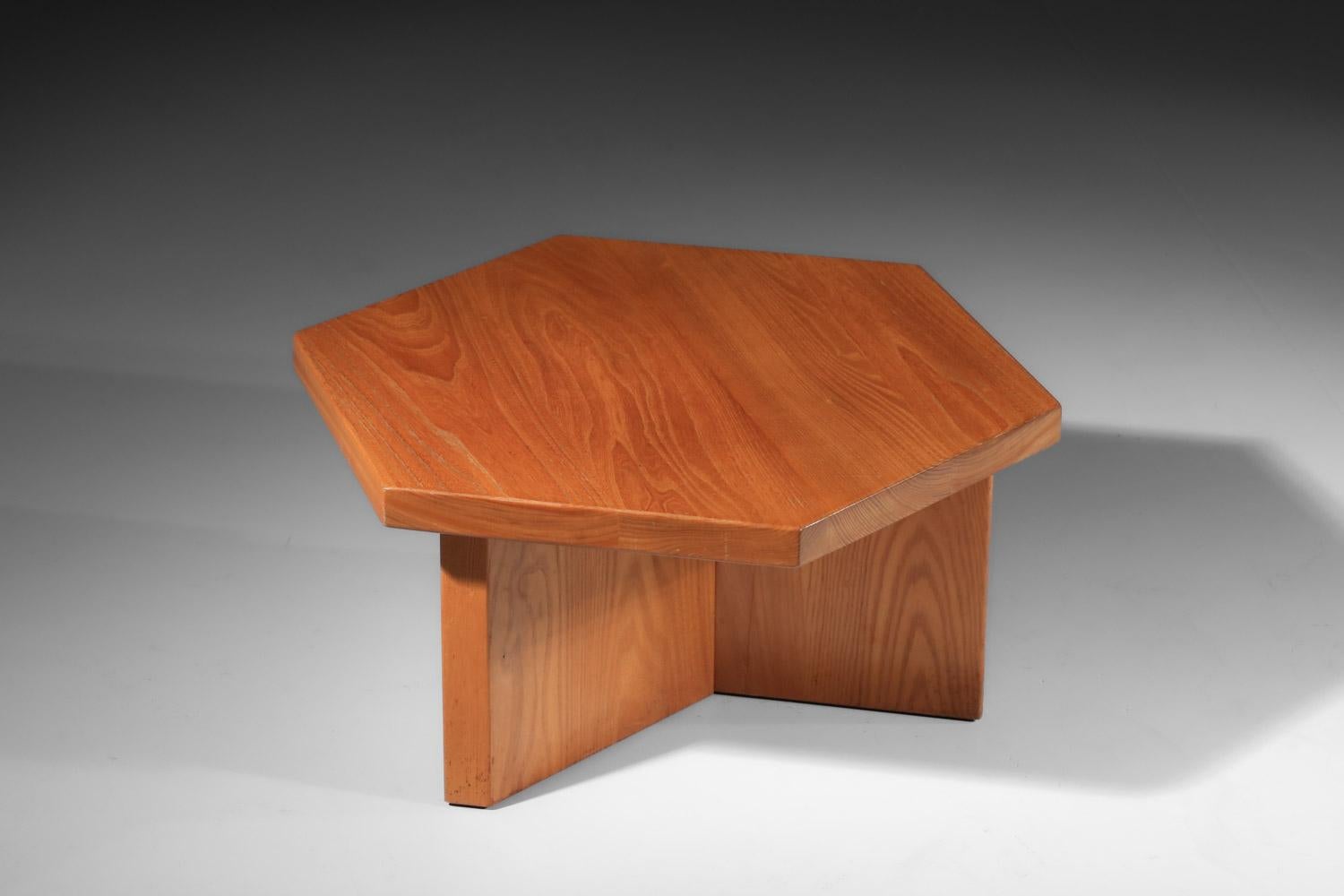 Hexagonal coffee table by Maison Regain in solid wood For Sale at 1stDibs