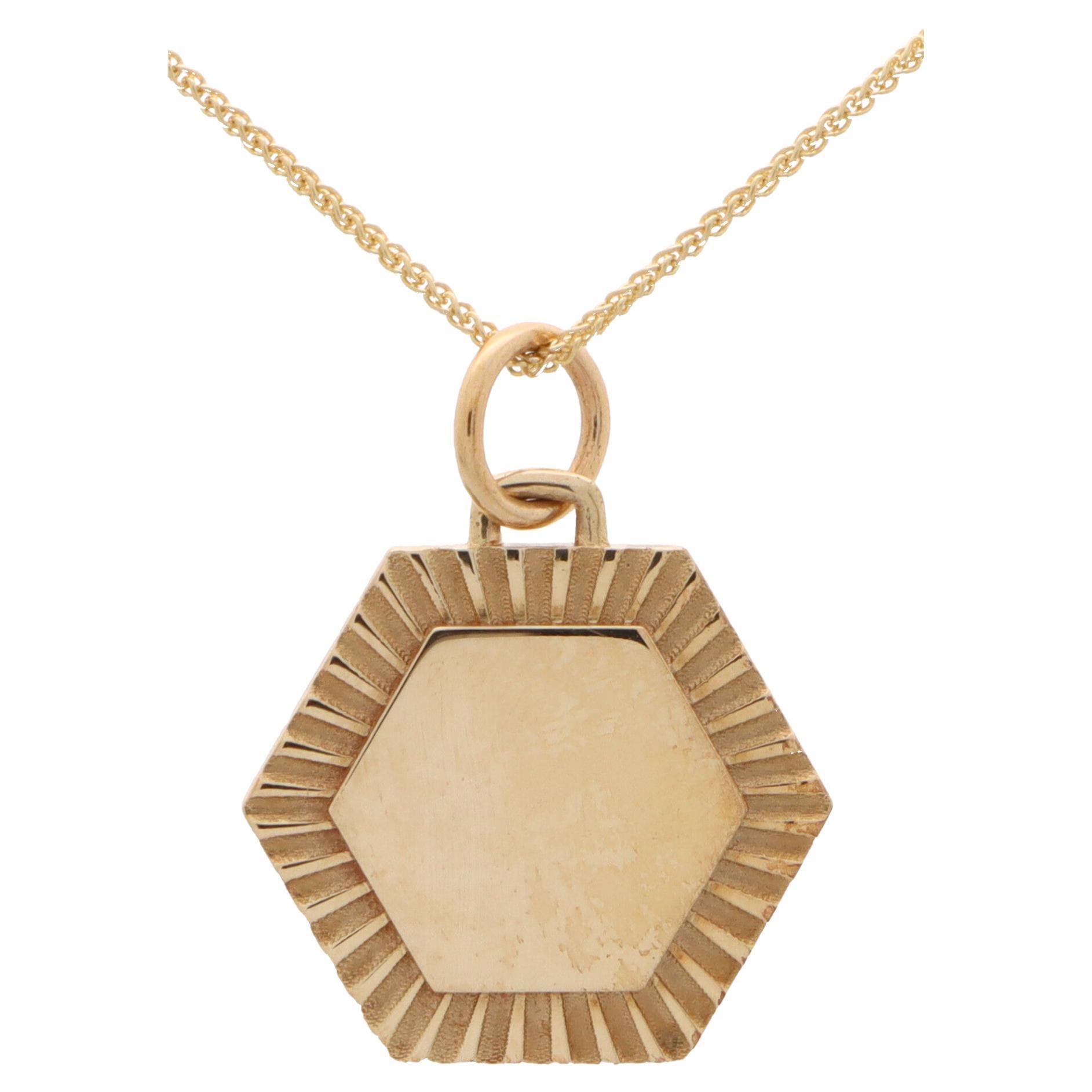 Hexagonal Coin / Disc Pendant Set in Solid 9k Gold For Sale