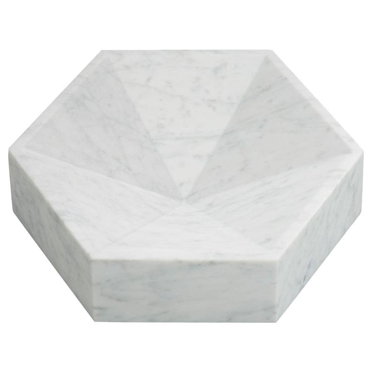 Hexagonal Constellation Bowl, Small Low in Carrara Marble, In Stock For Sale