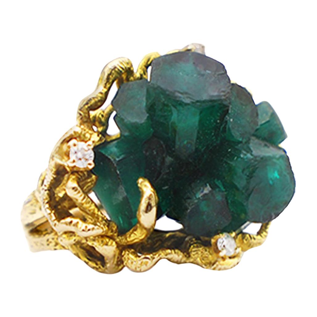 Hexagonal Crystal Emerald Beryl 20 Carat Ring 14 Karat Yellow Gold