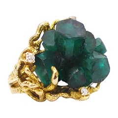 Antique Hexagonal Crystal Emerald Beryl 20 Carat Ring 14 Karat Yellow Gold