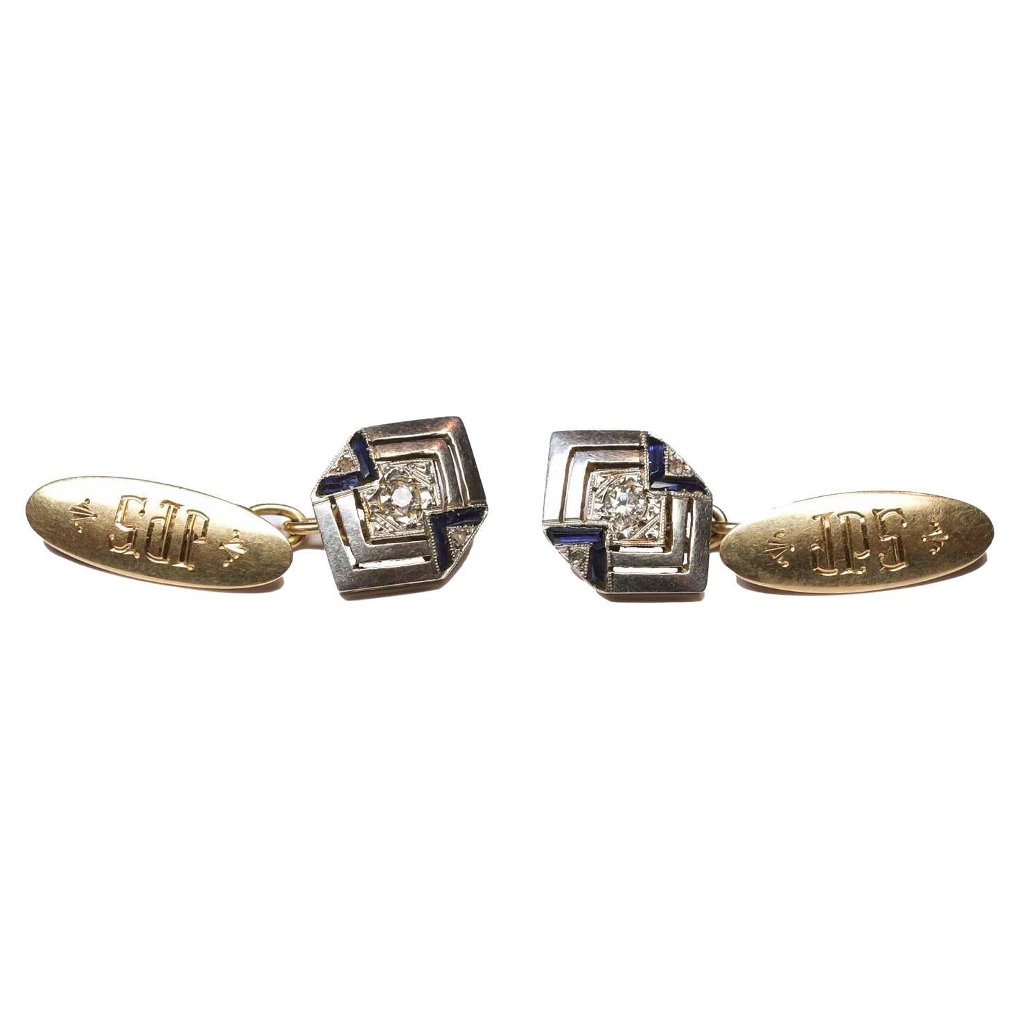Hexagonal Cufflinks with Diamonds and Sapphires For Sale