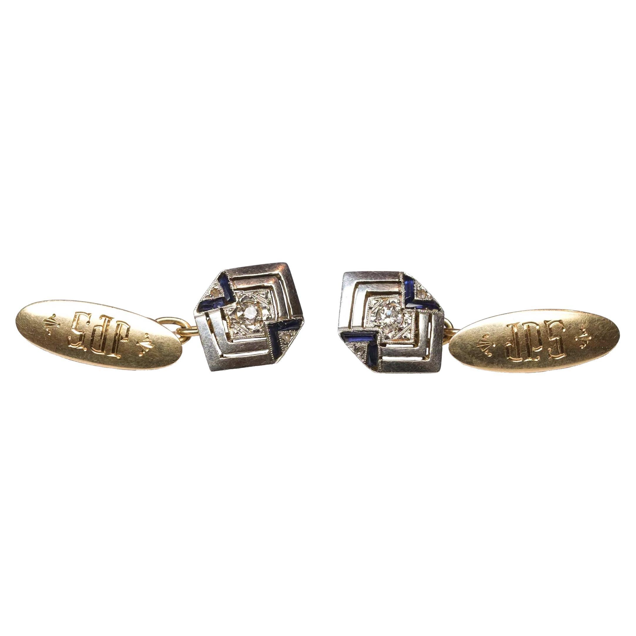 Hexagonal Cufflinks with Diamonds and Sapphires Art Deco