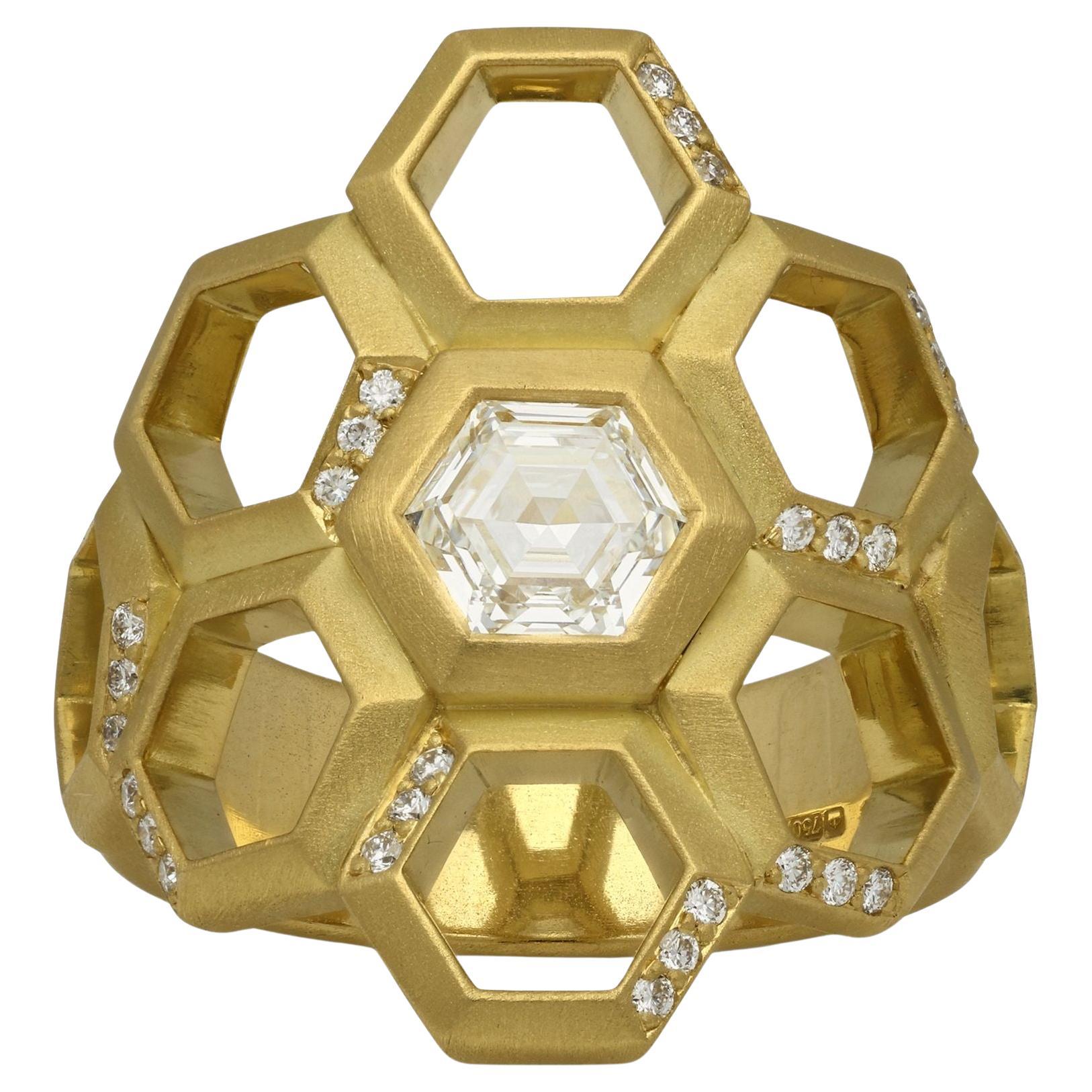 Hexagonal Diamond and 18ct Yellow Gold 'Honeycomb' Ring