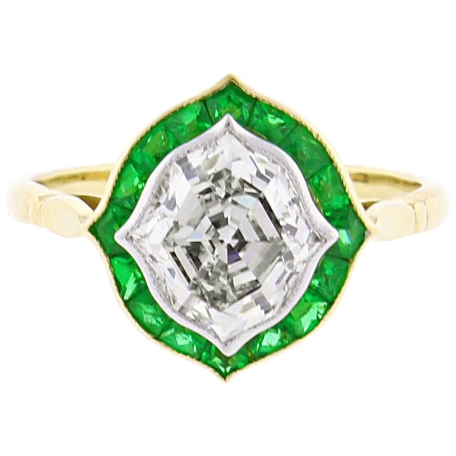 Hexagonal Diamond and Emerald Ring
