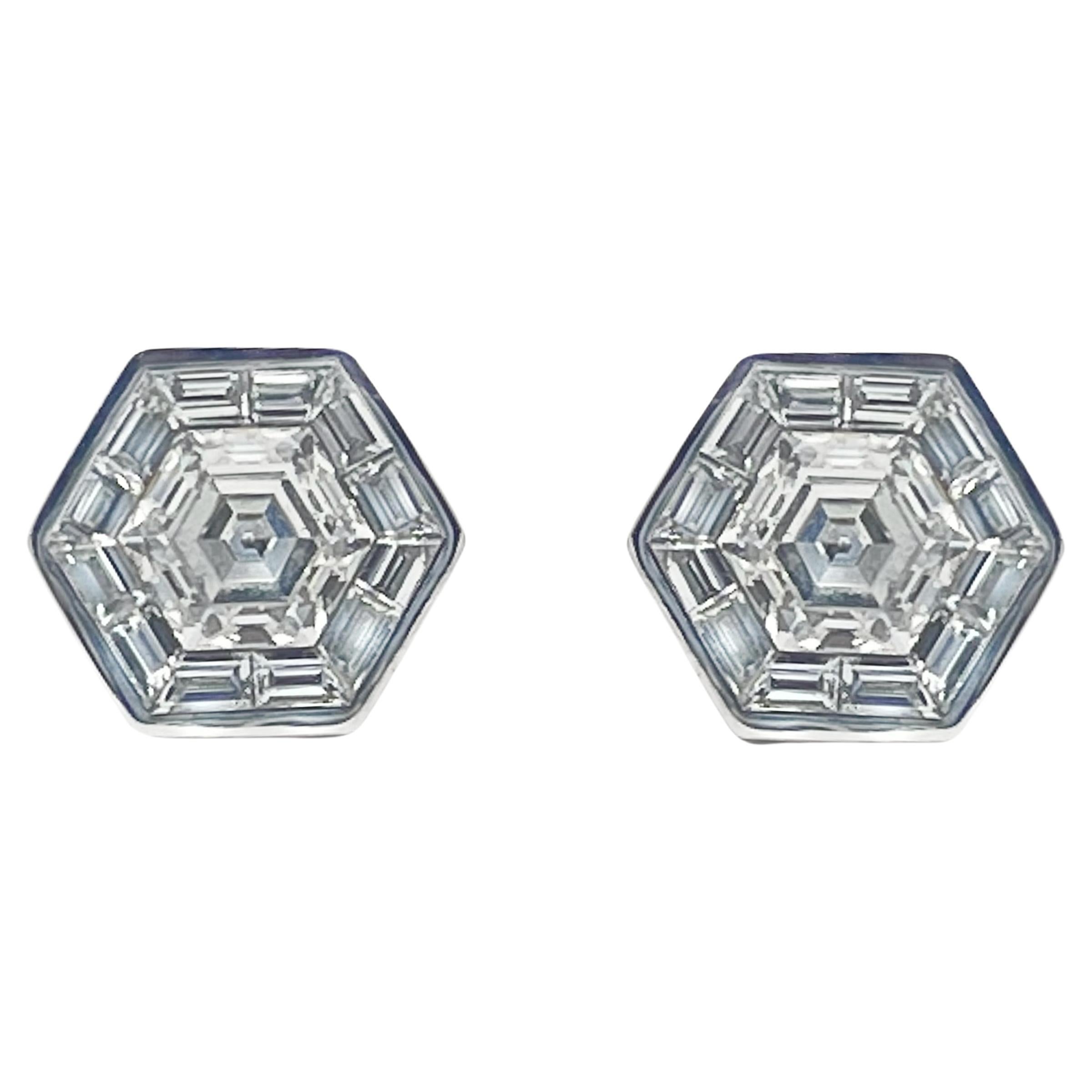 Hexagonal Diamond Mosaic 18k White Gold Stud Earrings For Sale