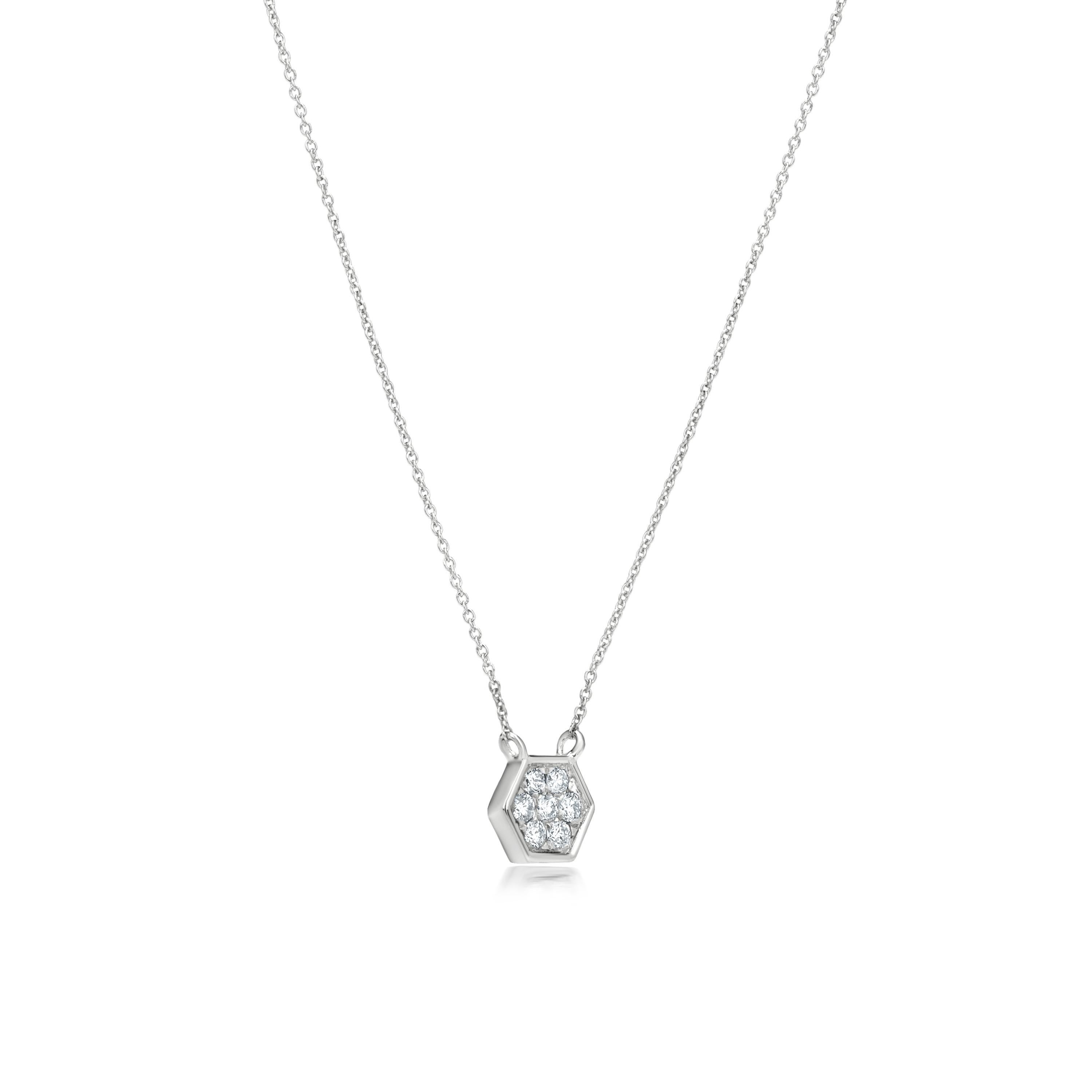 Round Cut Luxle Hexagonal Diamond Pendant Necklace in 18K White Gold