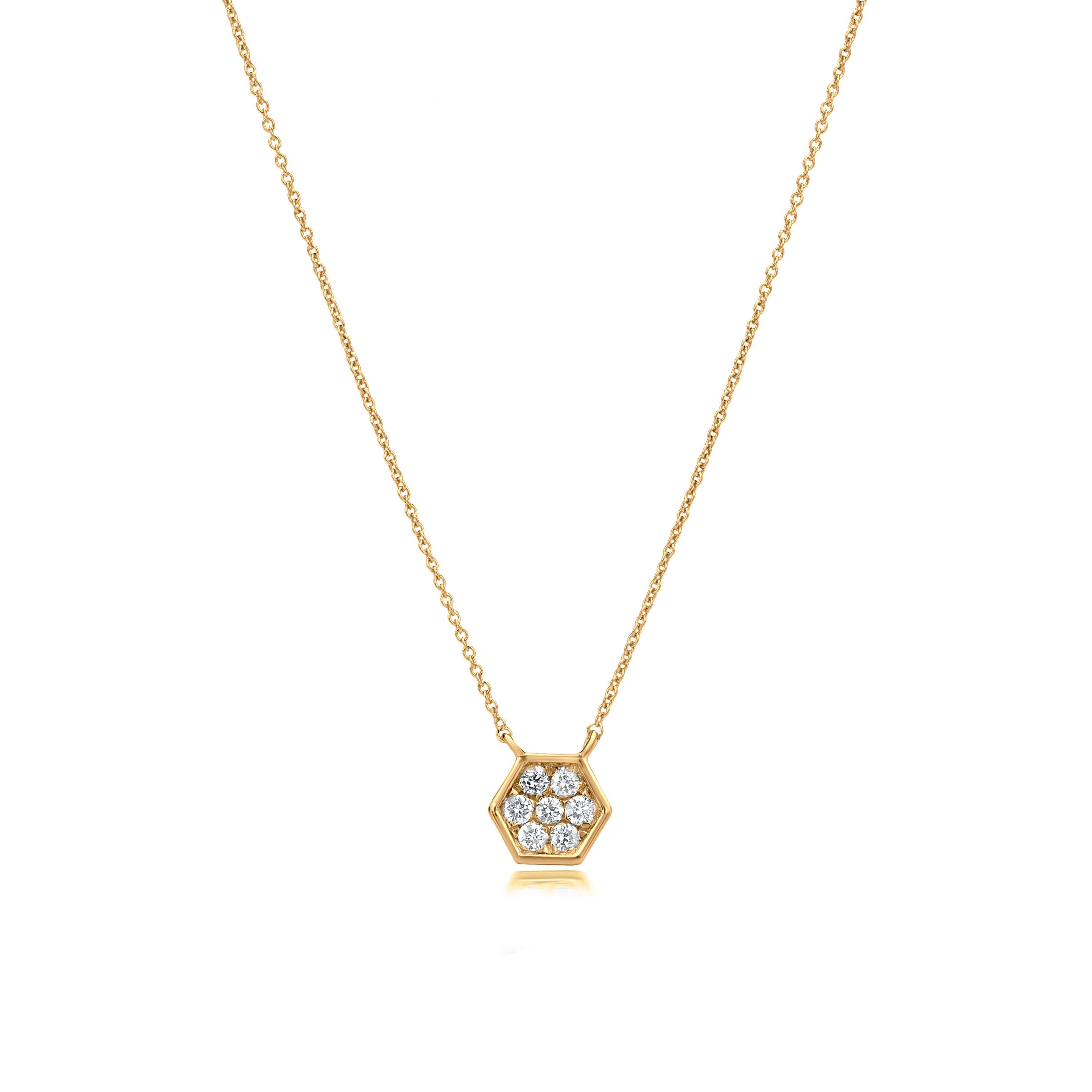 Grace your neckline with a Luxle hexagon pendant a symbol of unity and balance. Subtle yet pretty this hexagonal pendant necklace is the new fashion statement. This gorgeous necklace is featured with 7 round cut diamonds, totaling 0.15Cts pave set