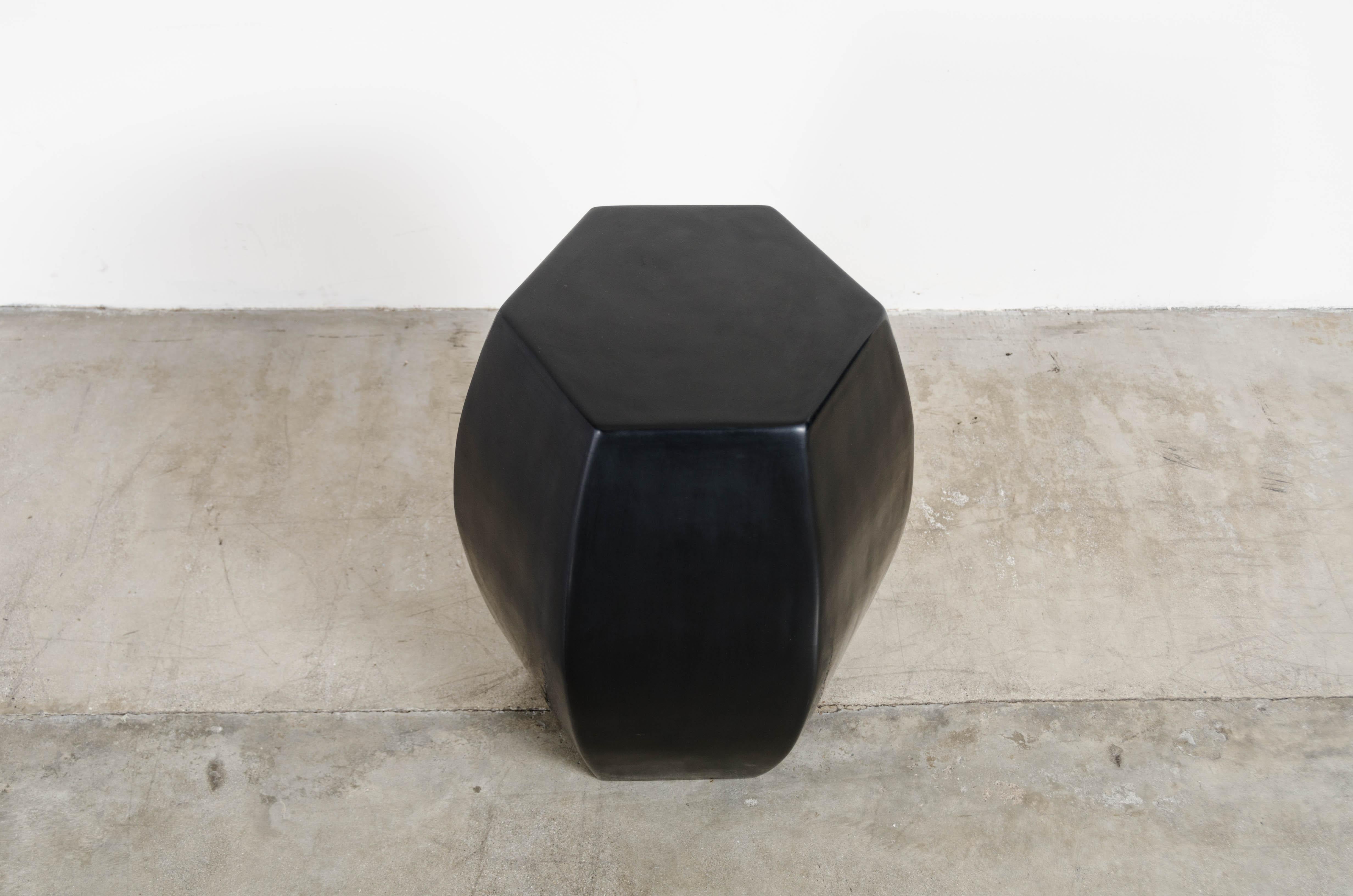 Post-Modern Hexagonal Drumstool, Black Lacquer by Robert Kuo, Hand Repousse, Limited For Sale