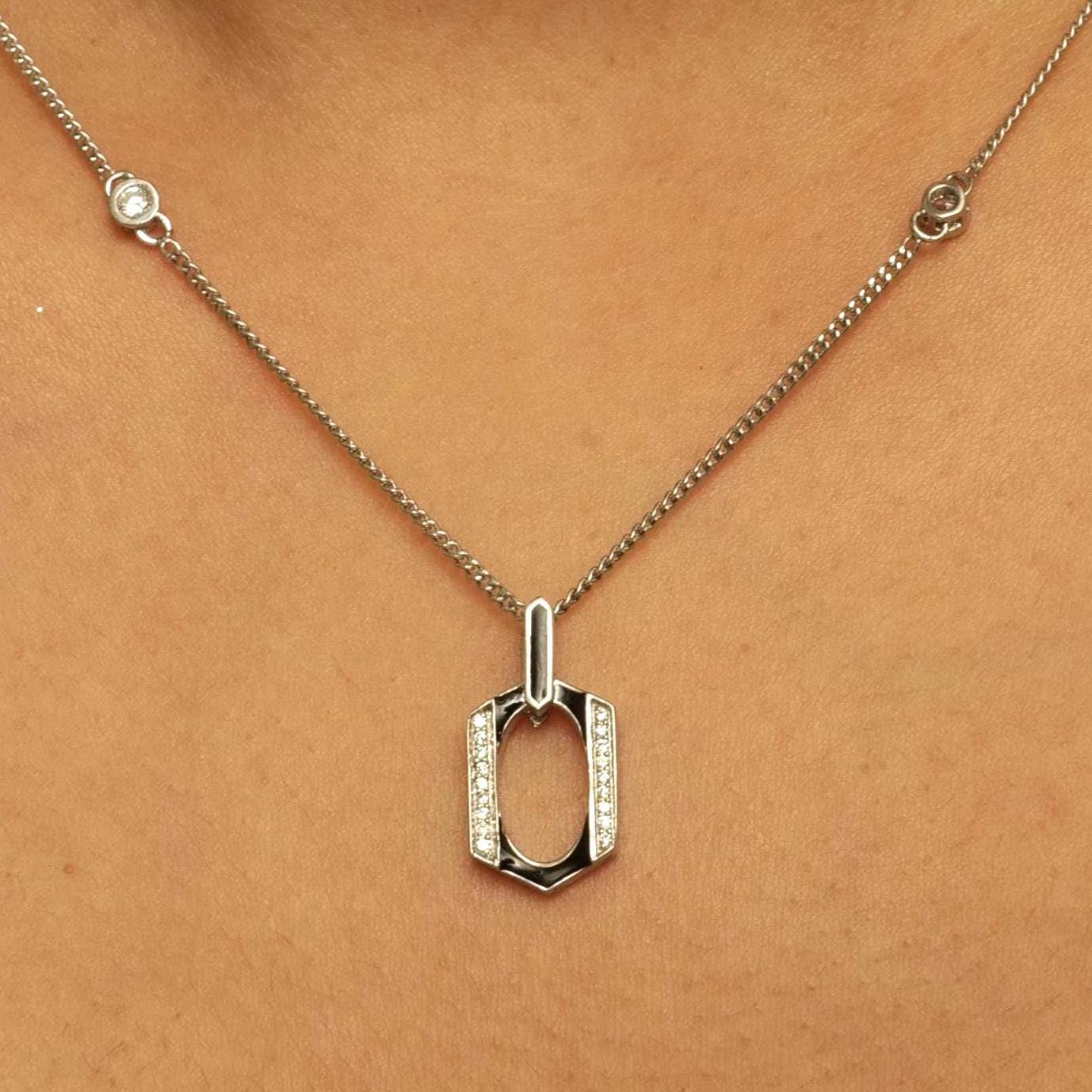 Art Deco Hexagonal Enamel Diamond Pendant Necklace in 14k Solid Gold (Certified) For Sale