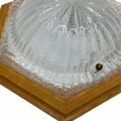 Hexagonal Flush Mount Murano Ice Glass Wood Frame, 1980s