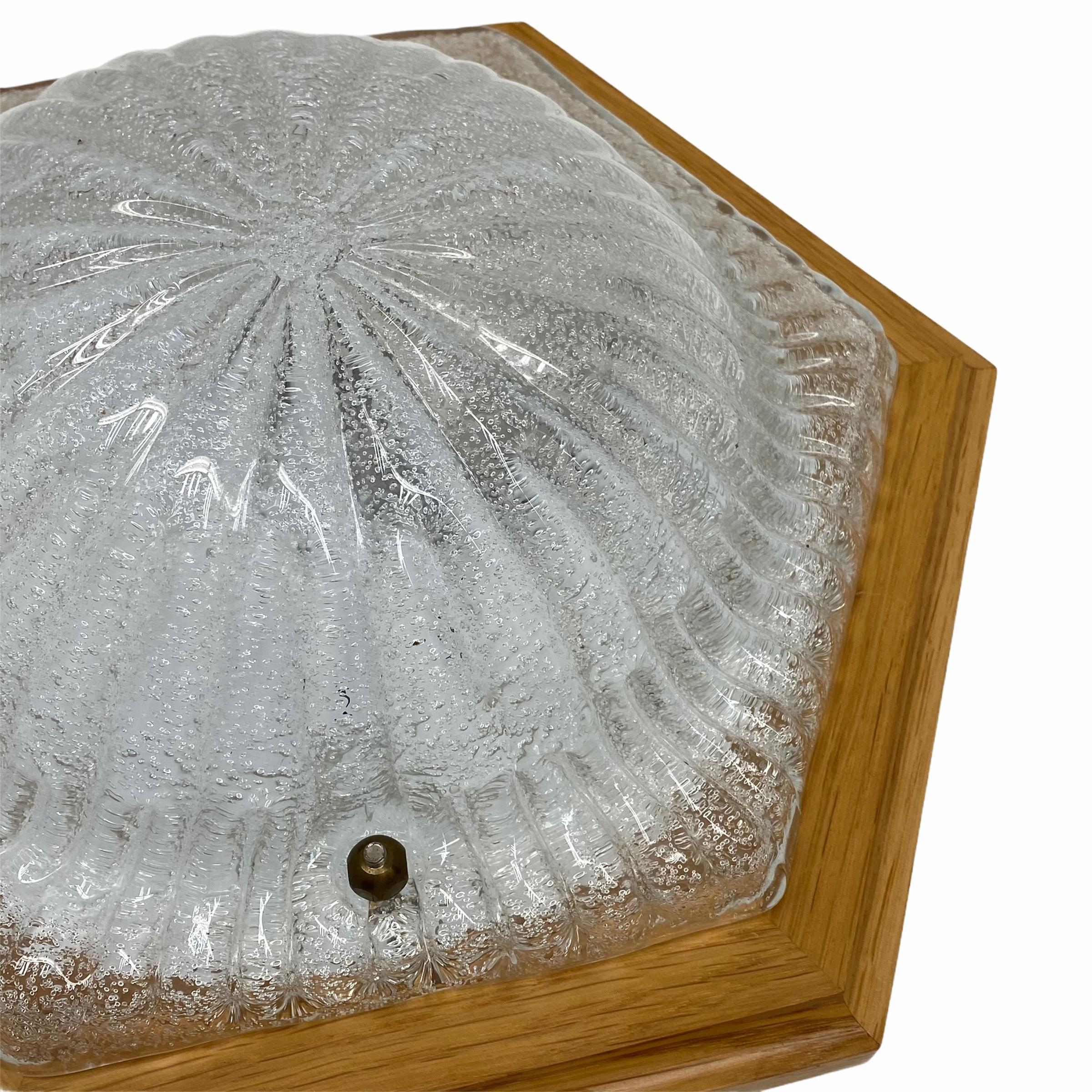 Modern Hexagonal Flush Mount Murano Ice Glass Wood Frame, 1980s For Sale