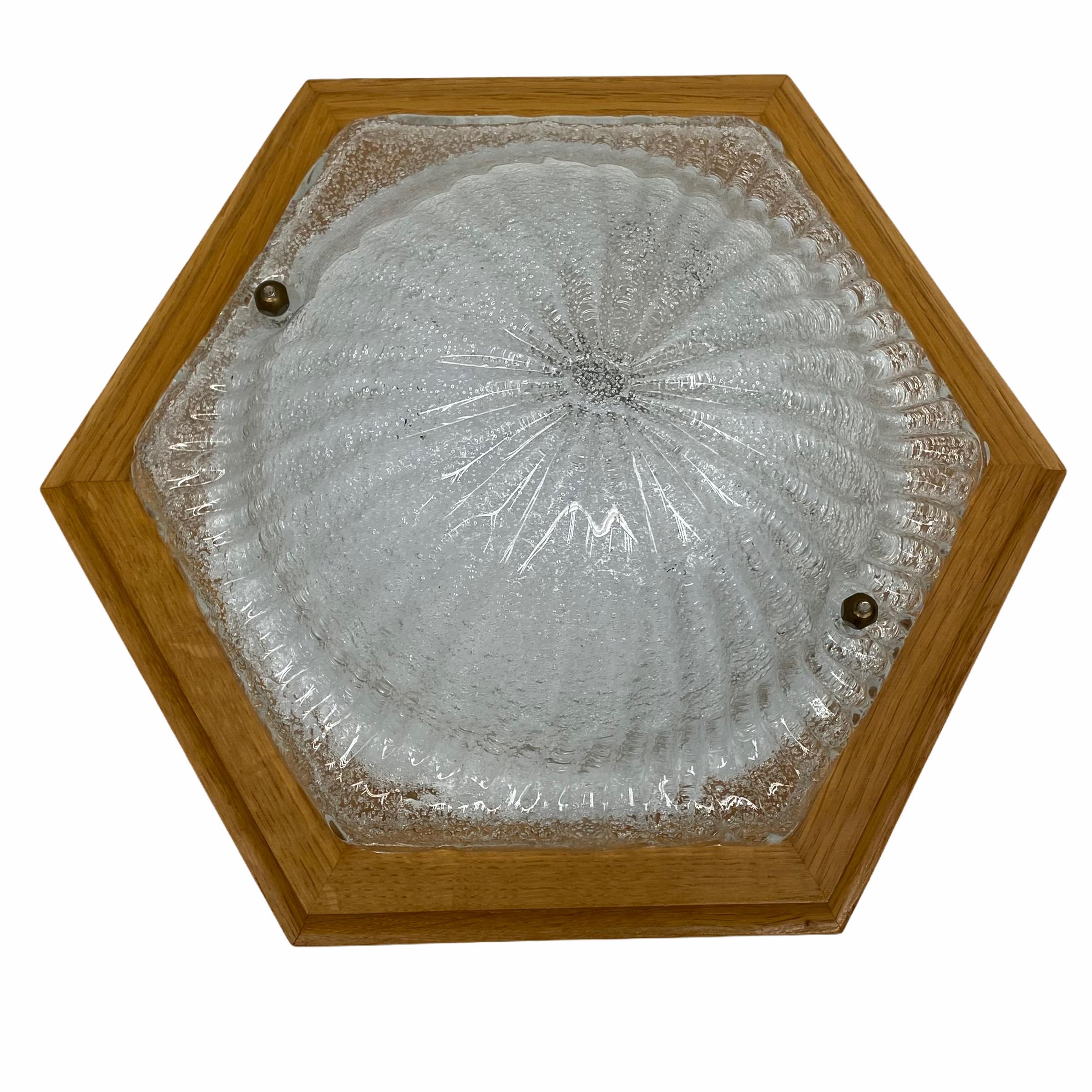 Hexagonal Flush Mount Murano Ice Glass Wood Frame, 1980s In Good Condition For Sale In Nuernberg, DE