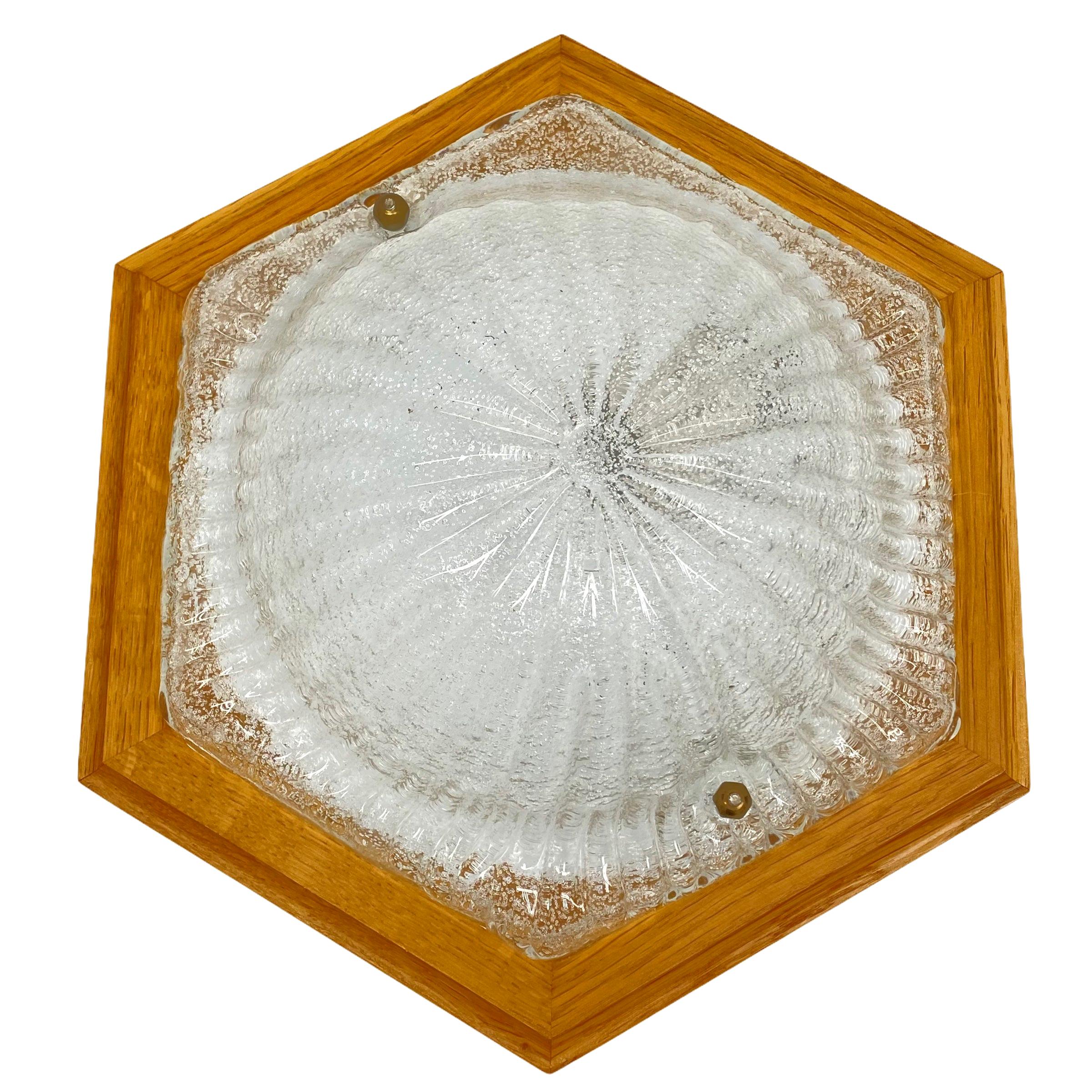 Hexagonal Flush Mount Murano Ice Glass Wood Frame, 1980s For Sale