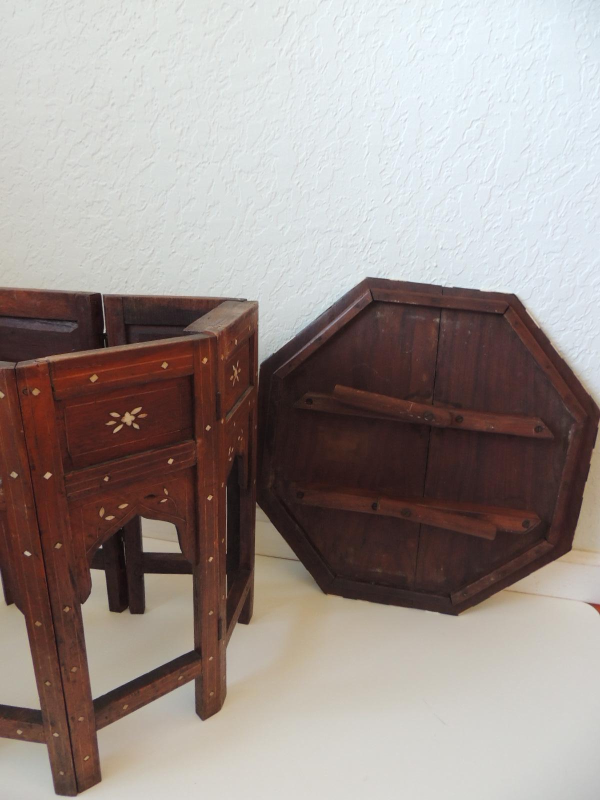 Brass Hexagonal Folding Hand Carved Bone Inlaid Indian Side Table