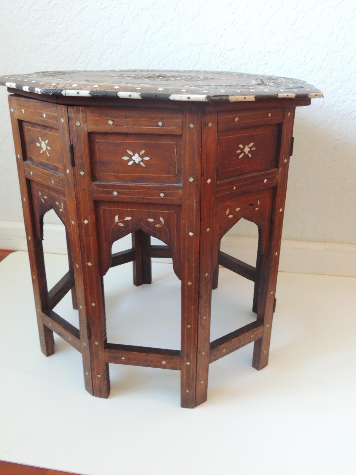 Anglo-Indian Hexagonal Folding Hand Carved Bone Inlaid Indian Side Table