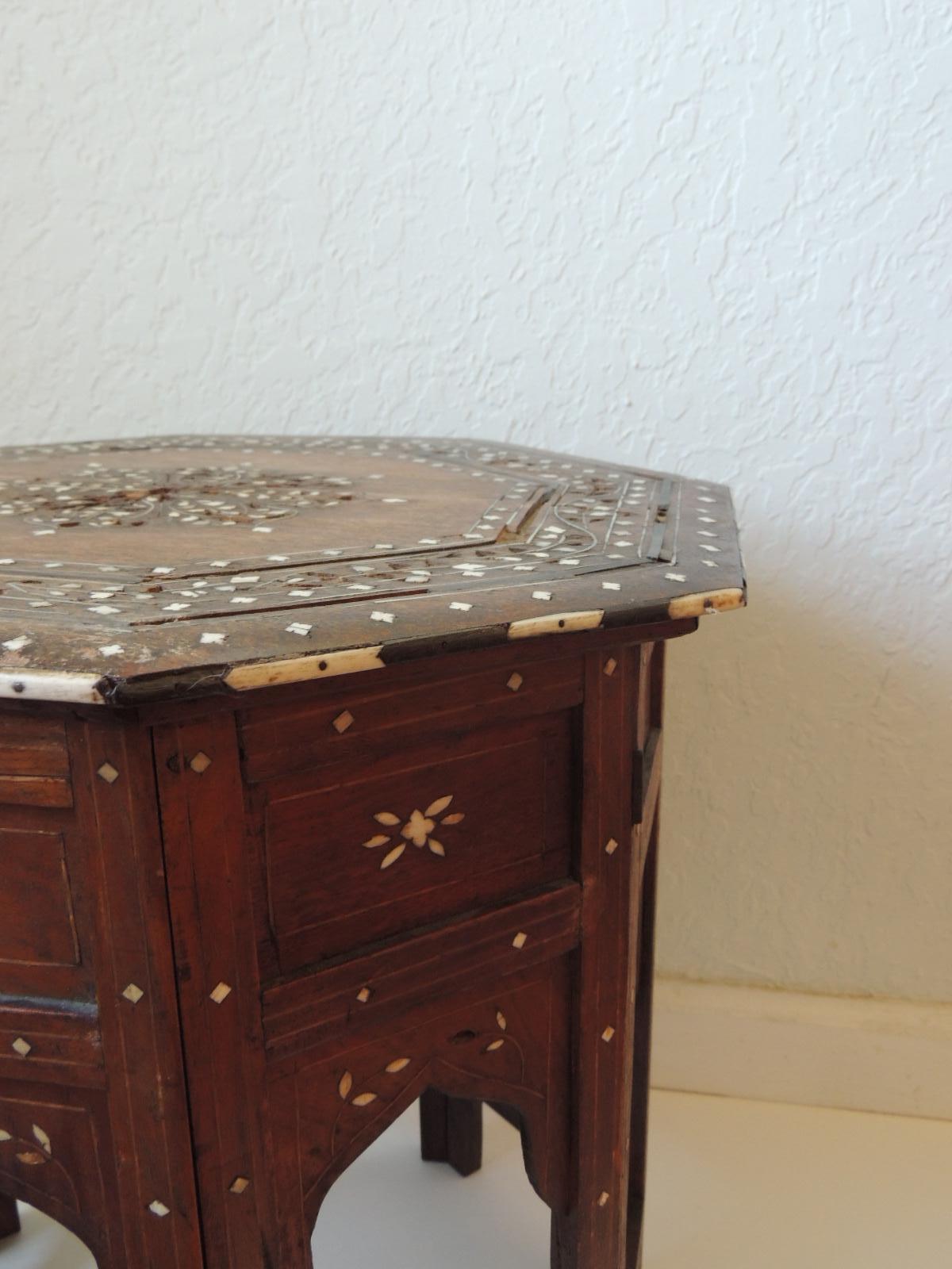 Hand-Crafted Hexagonal Folding Hand Carved Bone Inlaid Indian Side Table