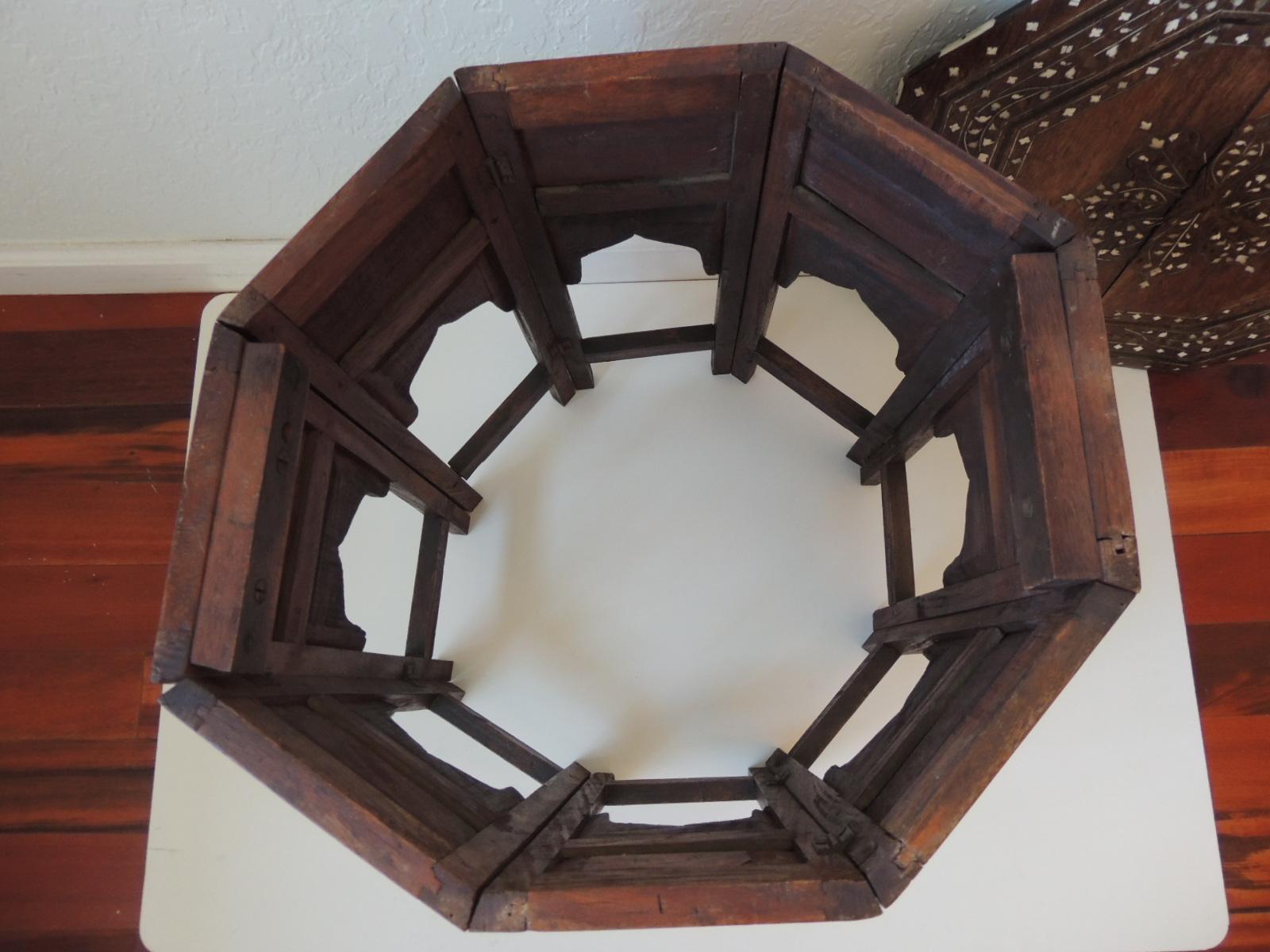 Mid-20th Century Hexagonal Folding Hand Carved Bone Inlaid Indian Side Table