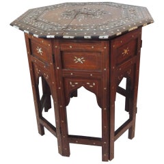 Hexagonal Folding Hand Carved Bone Inlaid Indian Side Table