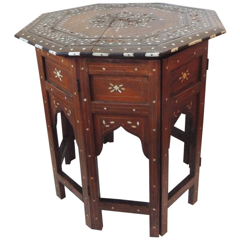 Hexagonal Folding Hand Carved Bone Inlaid Indian Side Table at 1stDibs