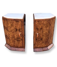 Hexagonal Fronted Walnut Marble Top Art Deco Nightstands/Bedside Cabinets