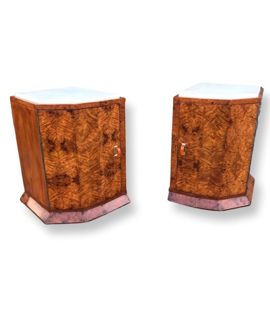 European Hexagonal Fronted Walnut Marble Top Art Deco Nightstands/Bedside Cabinets For Sale