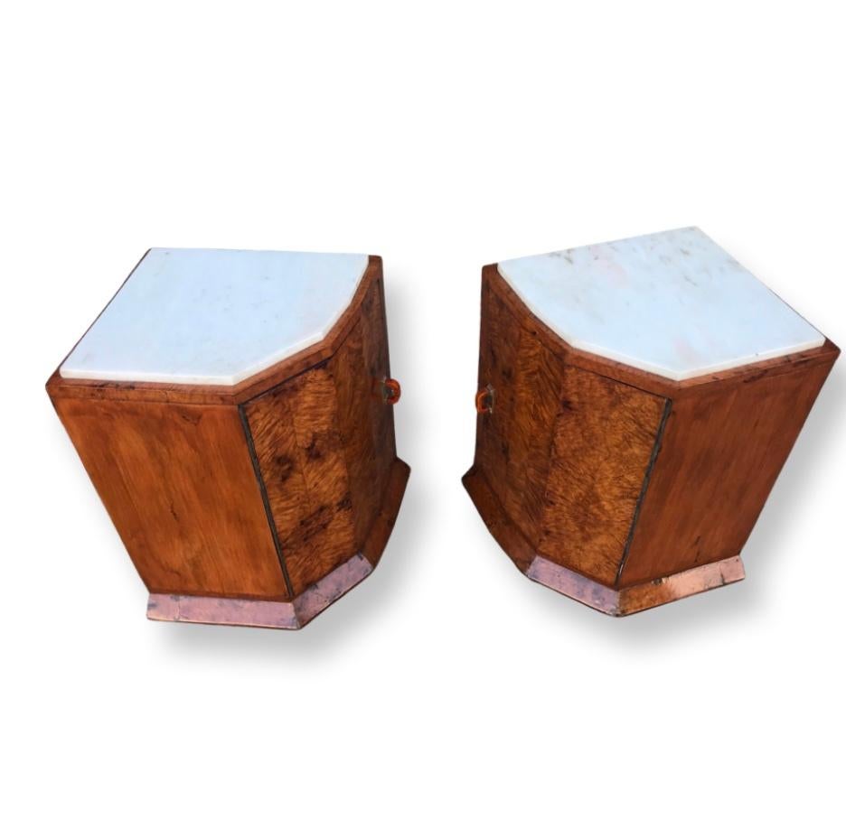 Mid-20th Century Hexagonal Fronted Walnut Marble Top Art Deco Nightstands/Bedside Cabinets For Sale