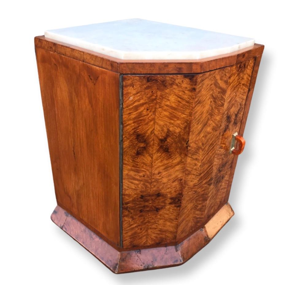 Hexagonal Fronted Walnut Marble Top Art Deco Nightstands/Bedside Cabinets For Sale 2