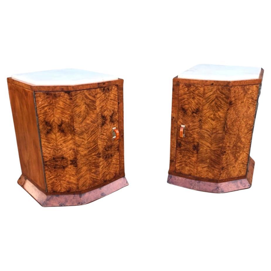 Hexagonal Fronted Walnut Marble Top Art Deco Nightstands/Bedside Cabinets For Sale