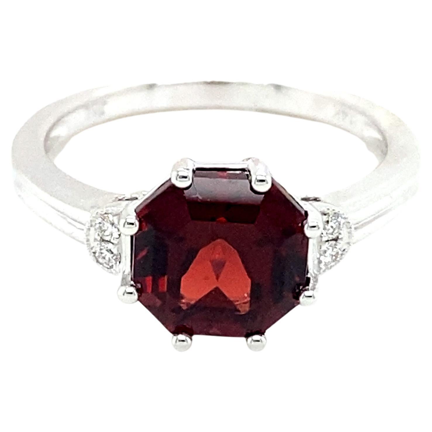 Hexagonal Garnet Ring with Accent Diamonds So Unique in 14 Karat White Gold For Sale