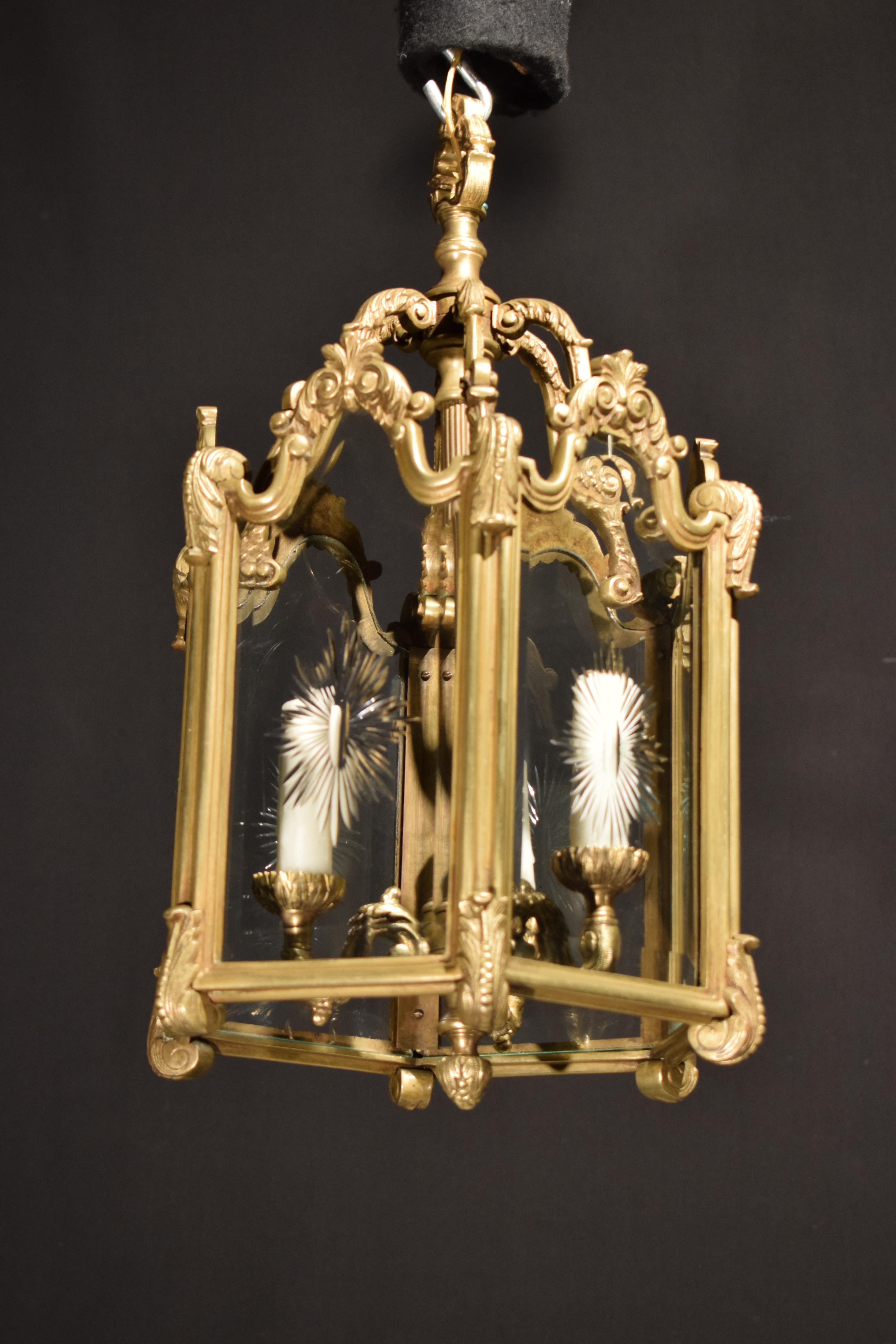 Louis XIV Hexagonal Gilt Bronze Lantern with Hand Cut Panels. For Sale