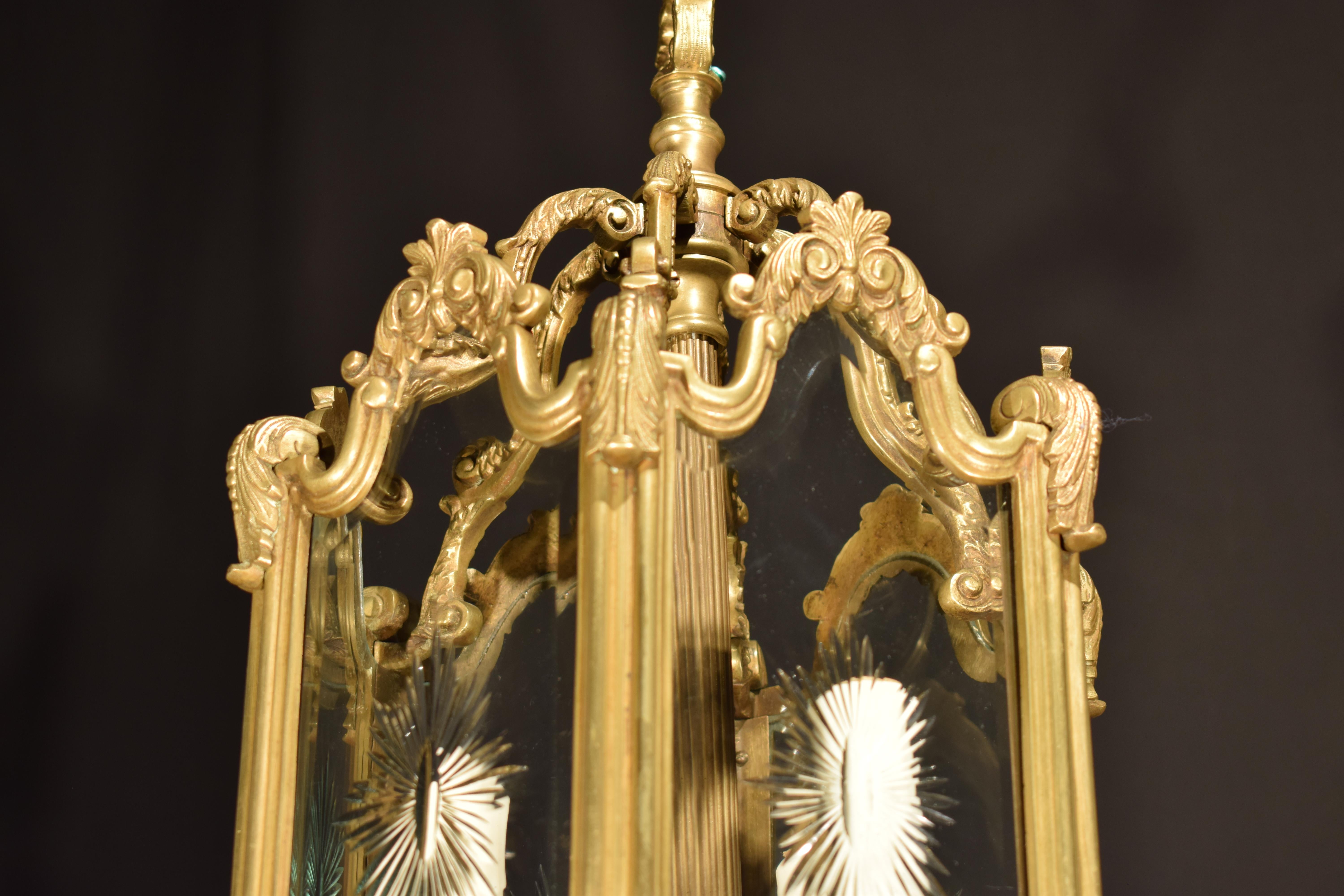 French Hexagonal Gilt Bronze Lantern with Hand Cut Panels. For Sale