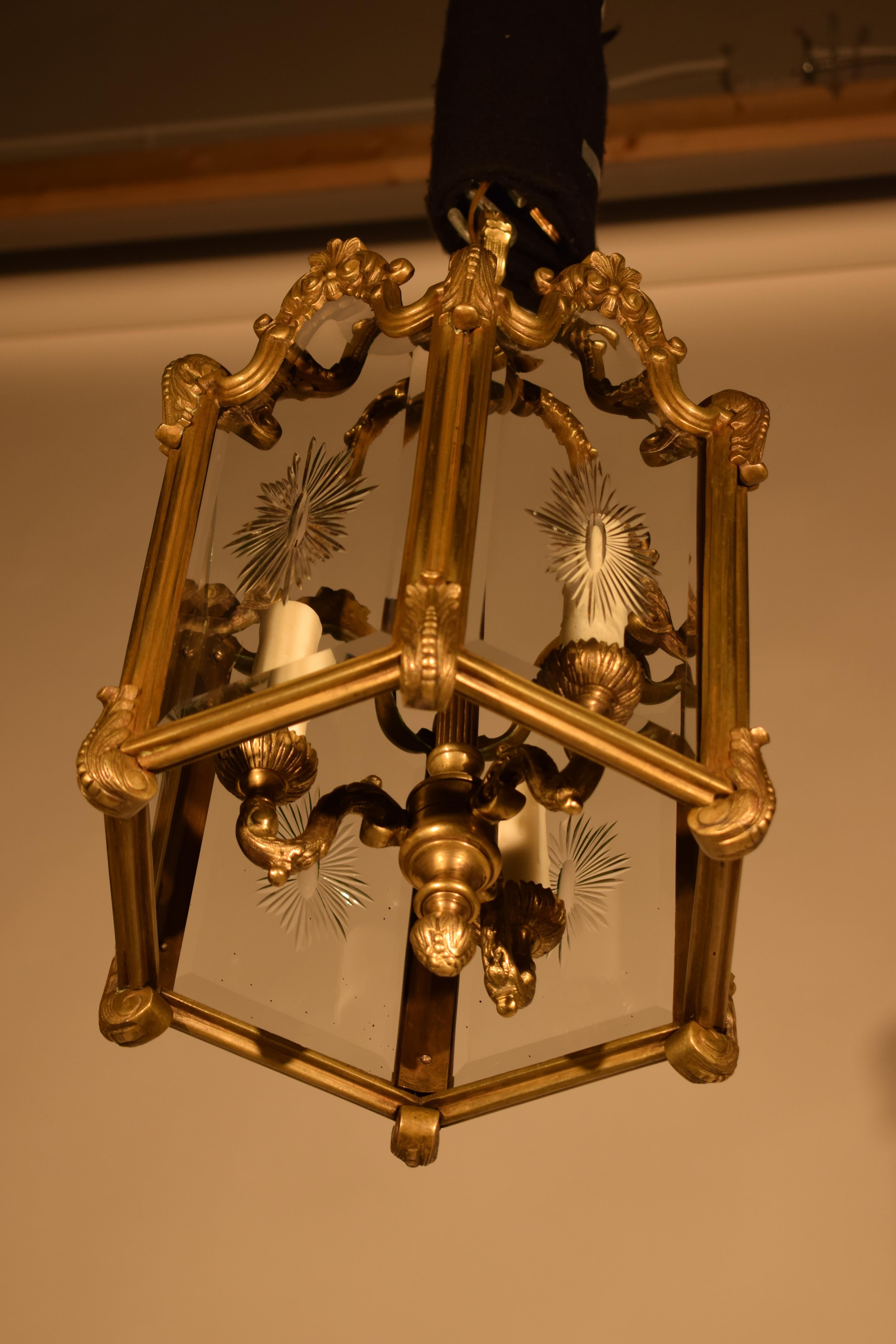 Hexagonal Gilt Bronze Lantern with Hand Cut Panels. For Sale 1