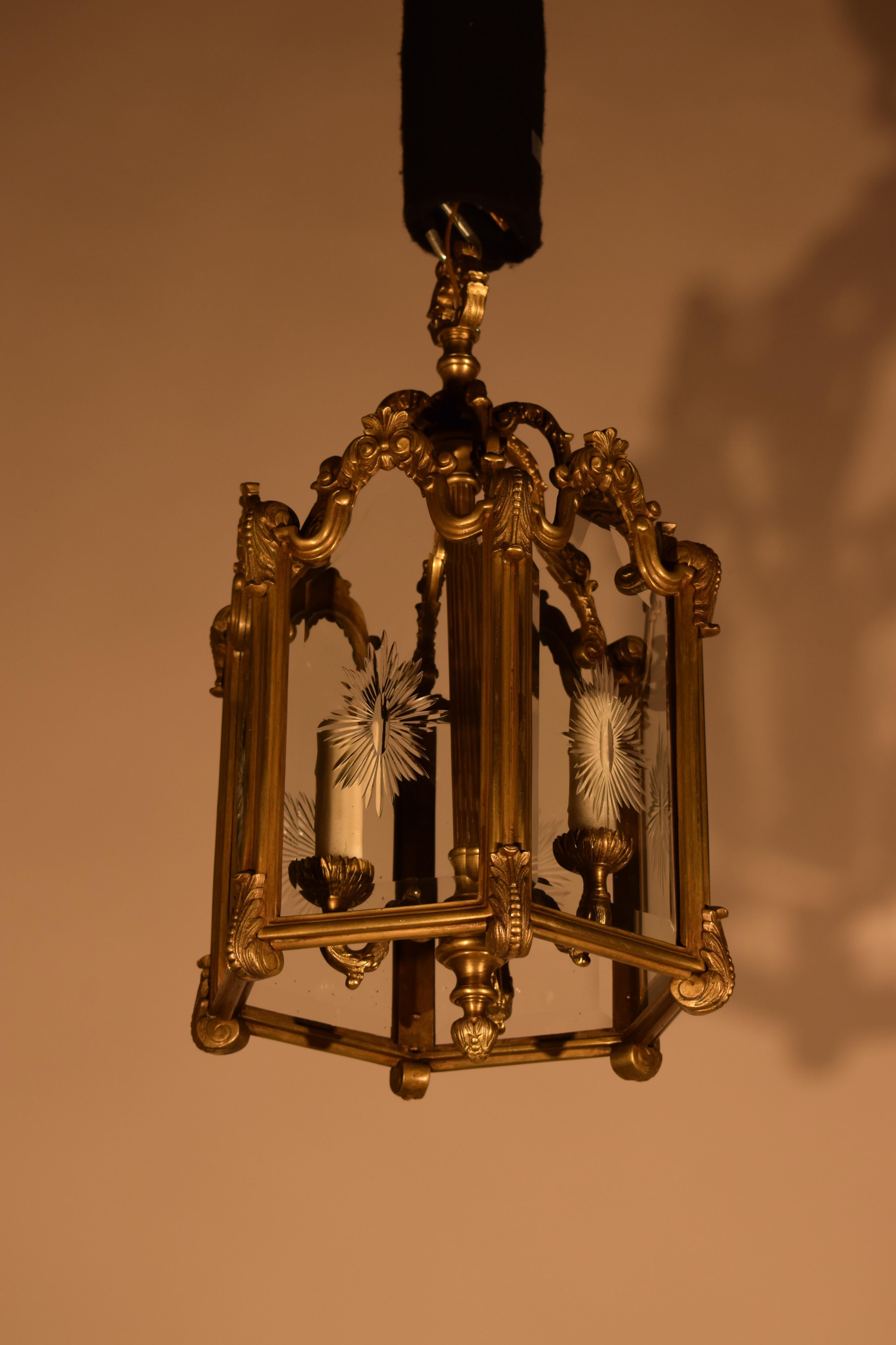 Hexagonal Gilt Bronze Lantern with Hand Cut Panels. For Sale 2